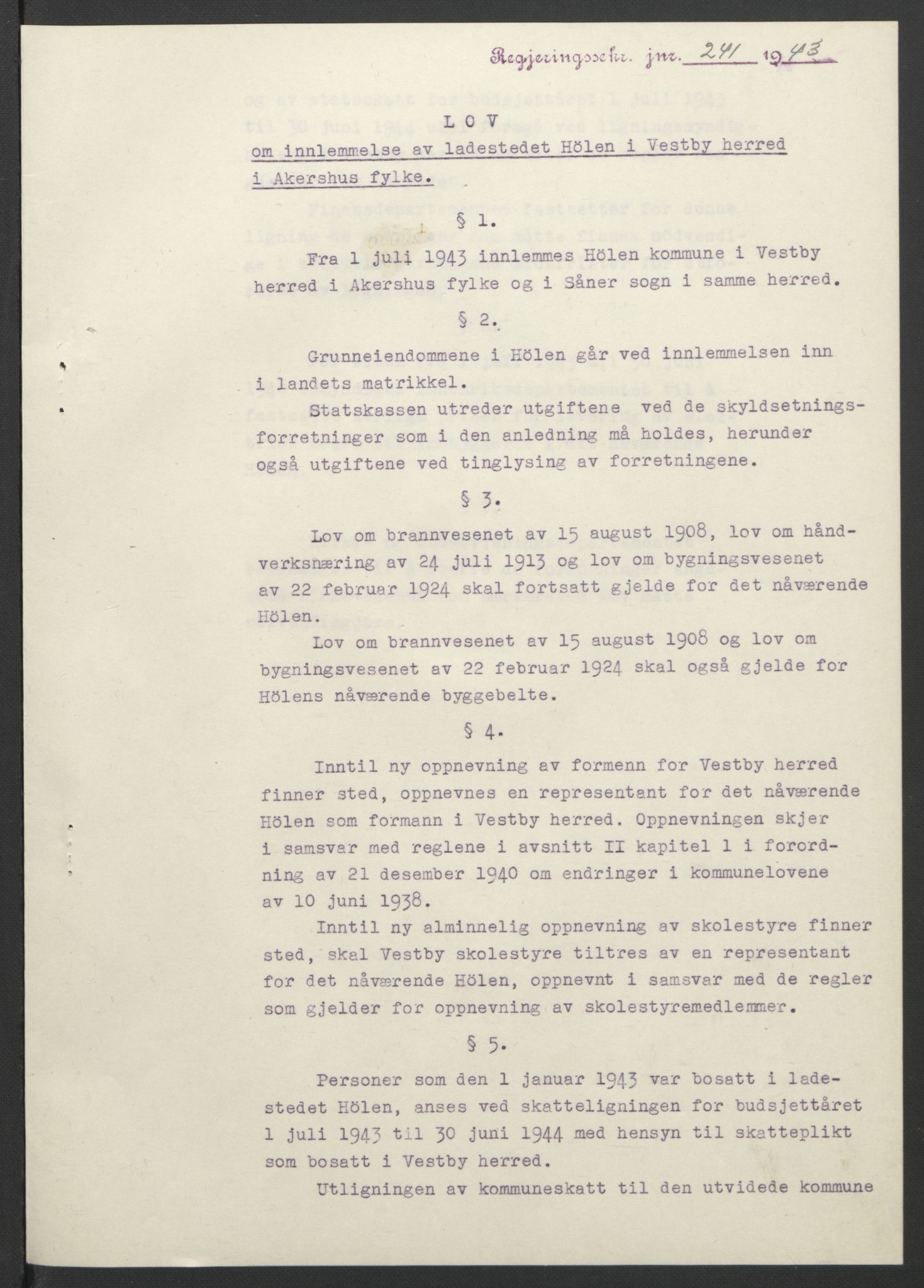 NS-administrasjonen 1940-1945 (Statsrådsekretariatet, de kommisariske statsråder mm), RA/S-4279/D/Db/L0099: Lover, 1943, s. 484