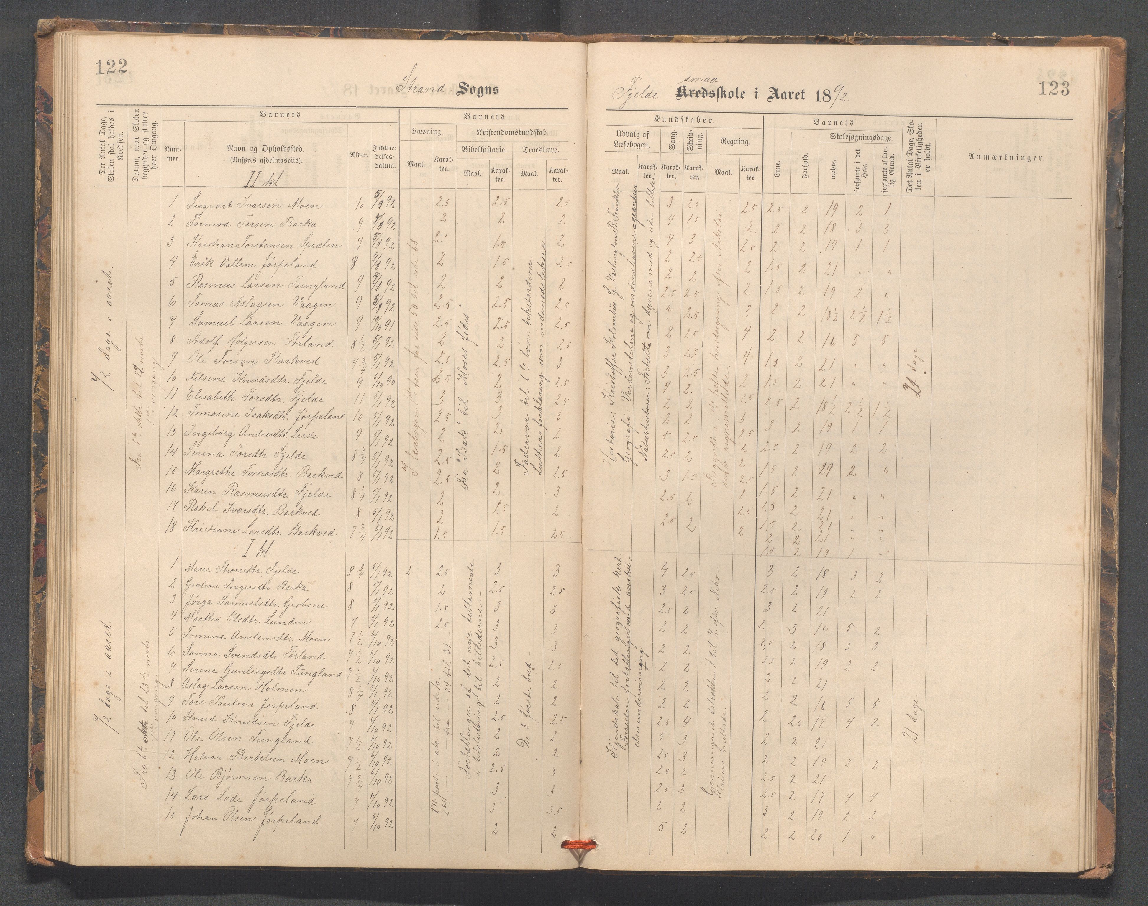 Strand kommune - Fiskå skole, IKAR/A-155/H/L0002: Skoleprotokoll for Fiskå, Heien, Jøssang, Sørbygda og Fjelde krets, 1888-1900, s. 122-123