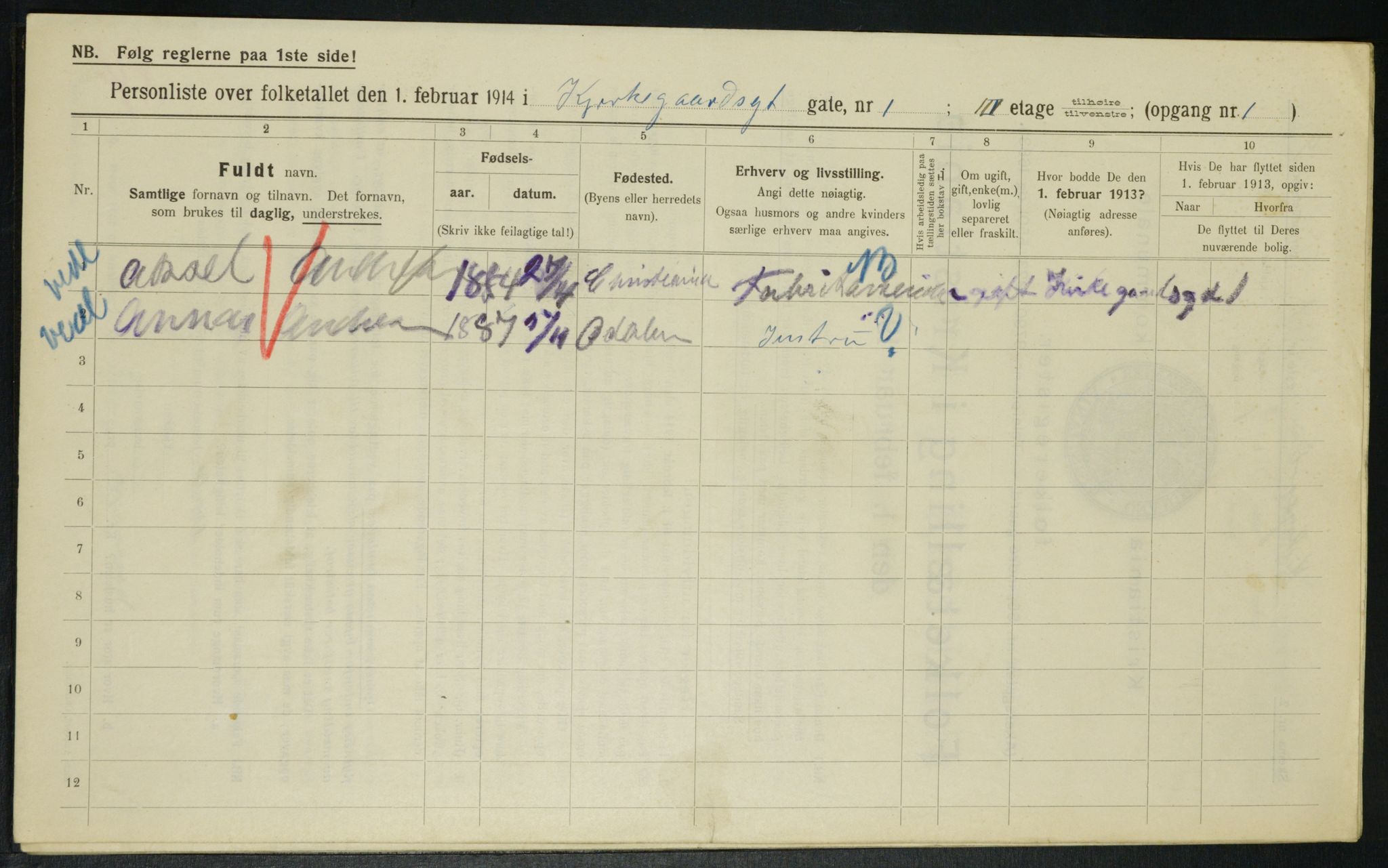 OBA, Kommunal folketelling 1.2.1914 for Kristiania, 1914, s. 49982