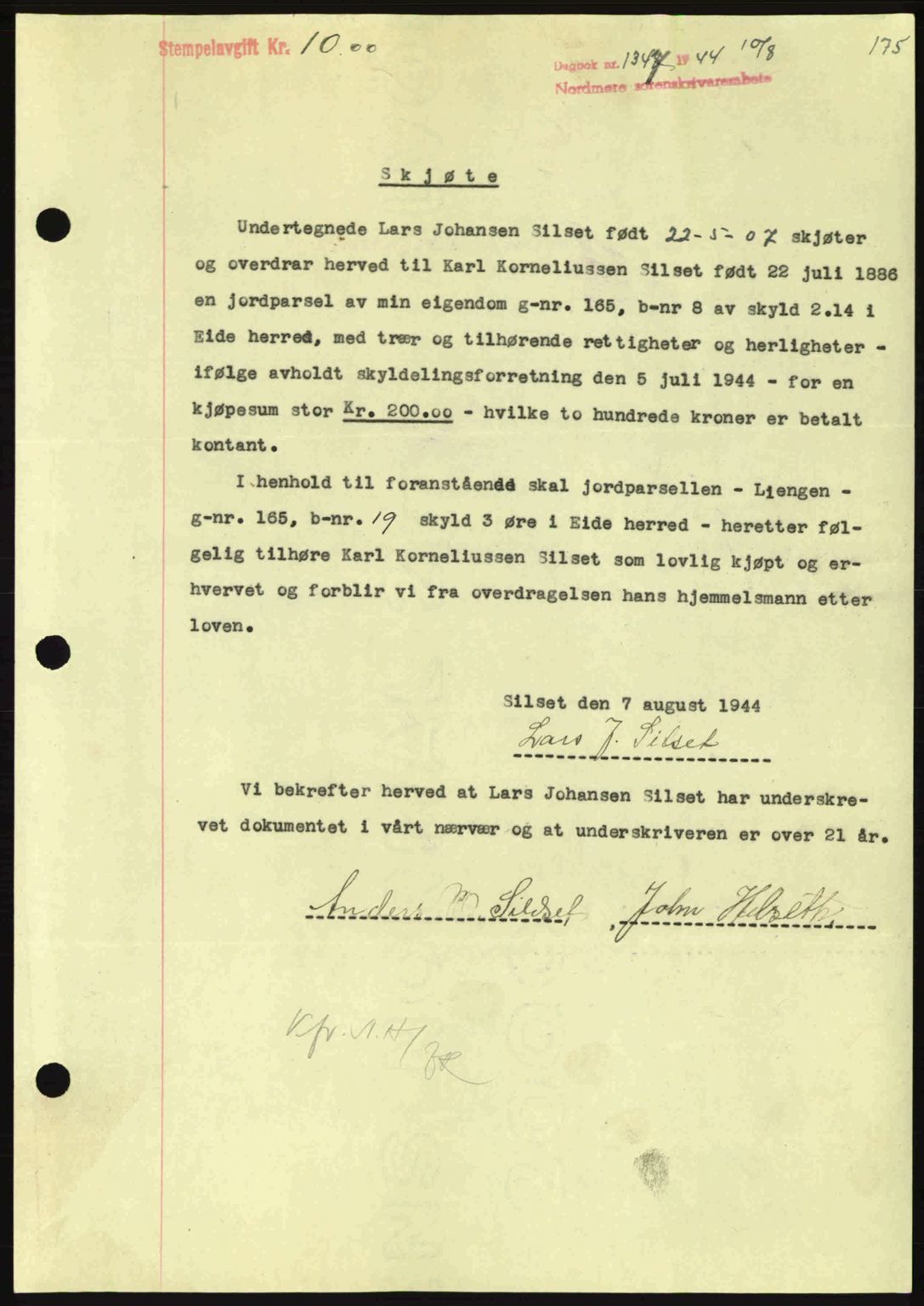 Nordmøre sorenskriveri, SAT/A-4132/1/2/2Ca: Pantebok nr. A98, 1944-1944, Dagboknr: 1347/1944