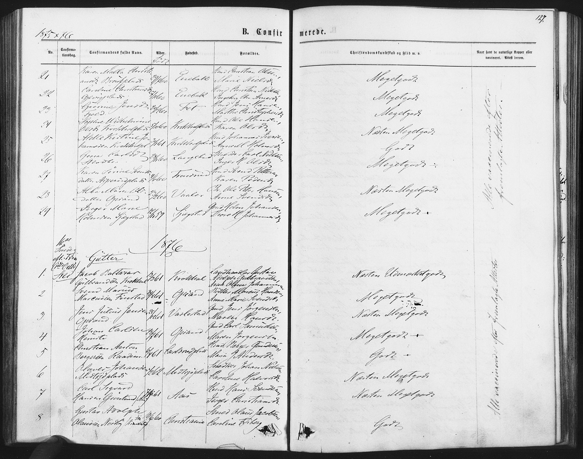 Kråkstad prestekontor Kirkebøker, SAO/A-10125a/F/Fa/L0008: Ministerialbok nr. I 8, 1870-1879, s. 127
