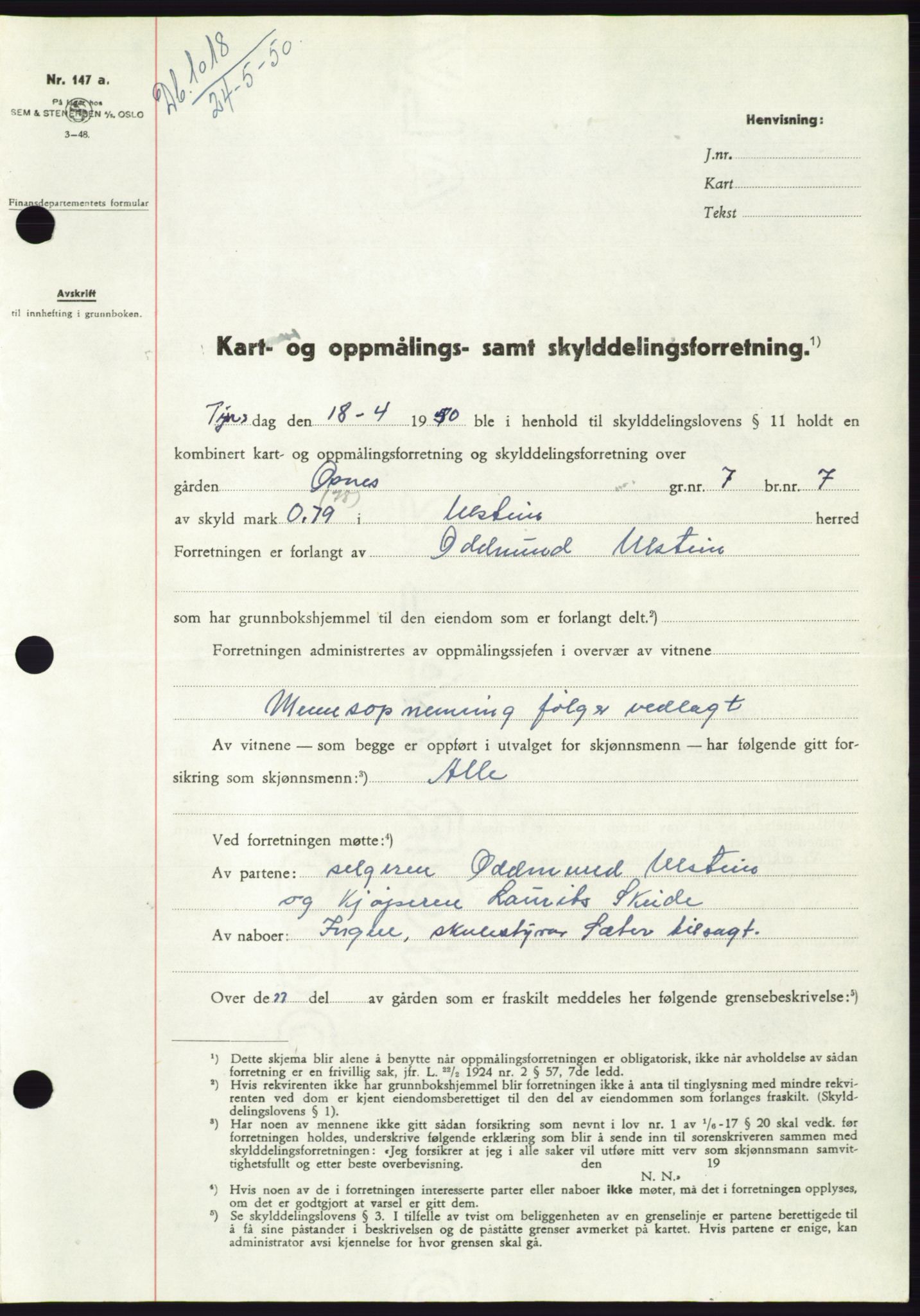 Søre Sunnmøre sorenskriveri, SAT/A-4122/1/2/2C/L0087: Pantebok nr. 13A, 1950-1950, Dagboknr: 1018/1950