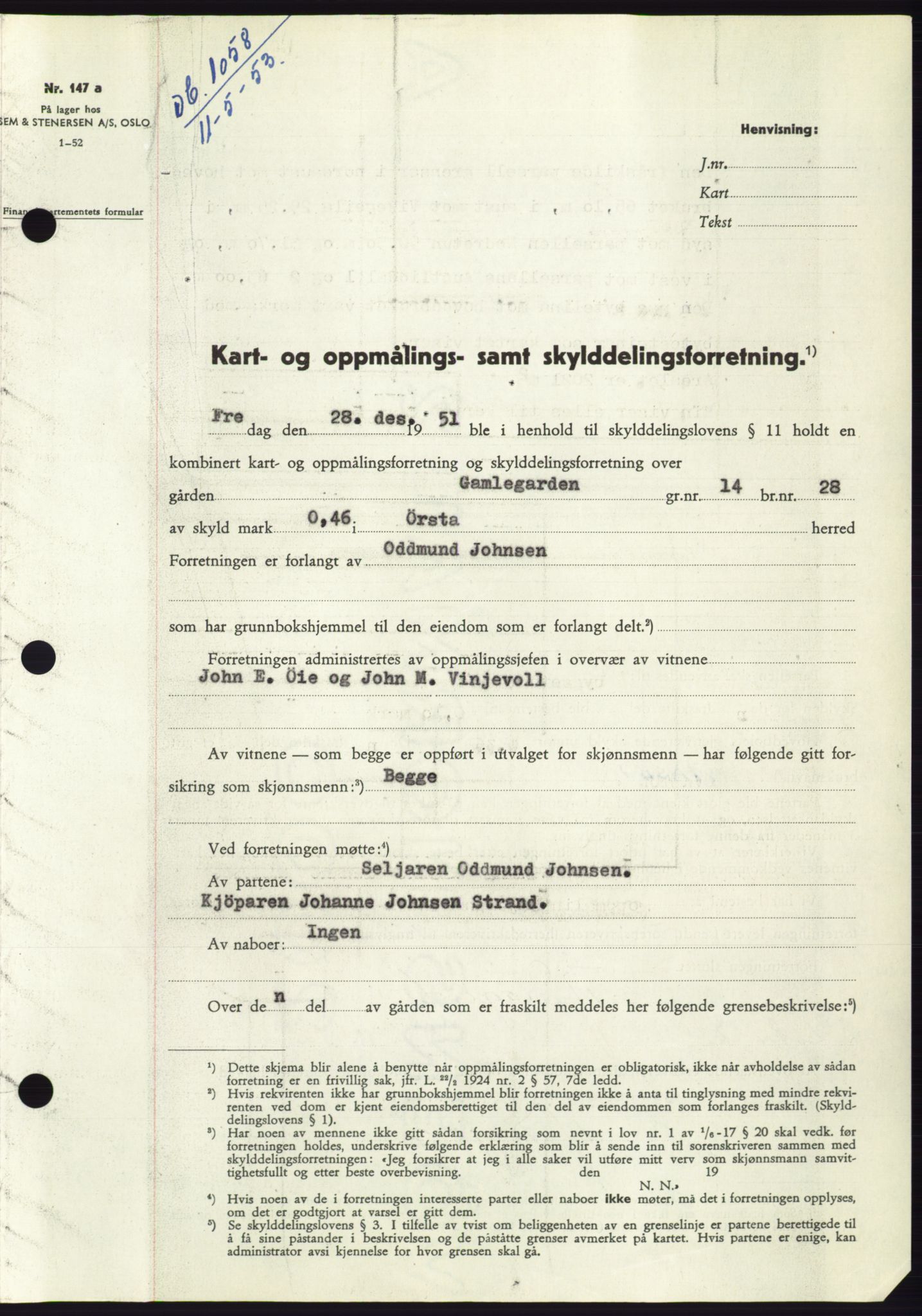 Søre Sunnmøre sorenskriveri, AV/SAT-A-4122/1/2/2C/L0094: Pantebok nr. 20A, 1953-1953, Dagboknr: 1058/1953