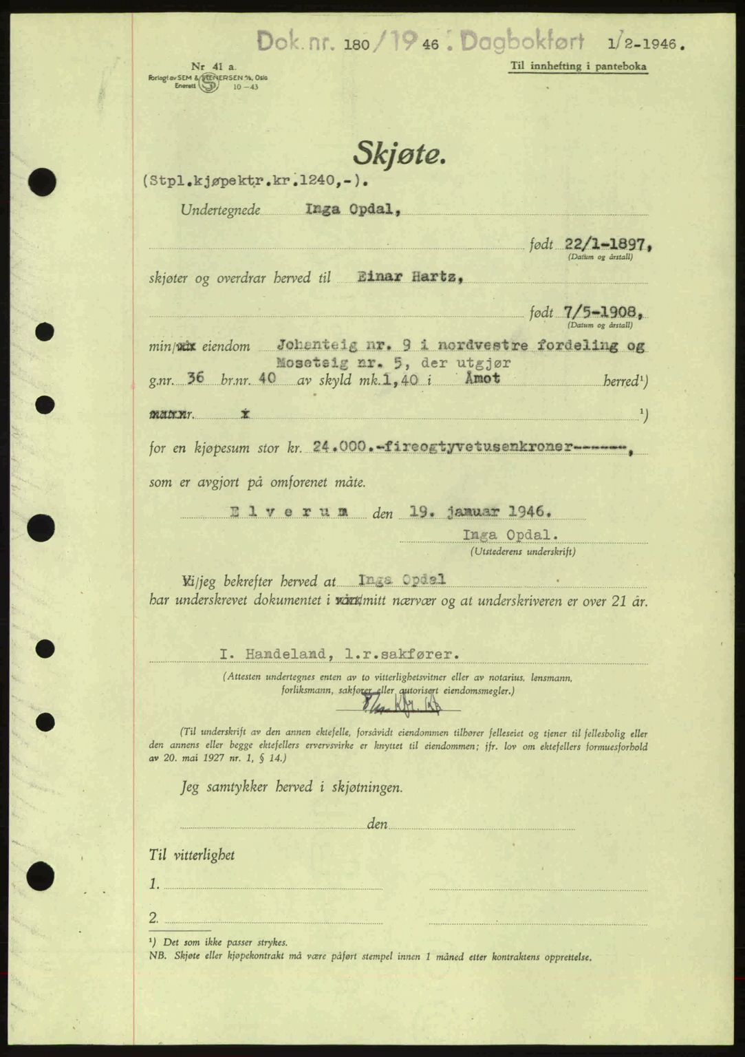 Sør-Østerdal sorenskriveri, AV/SAH-TING-018/H/Hb/Hbb/L0073: Pantebok nr. A73, 1945-1946, Dagboknr: 180/1946