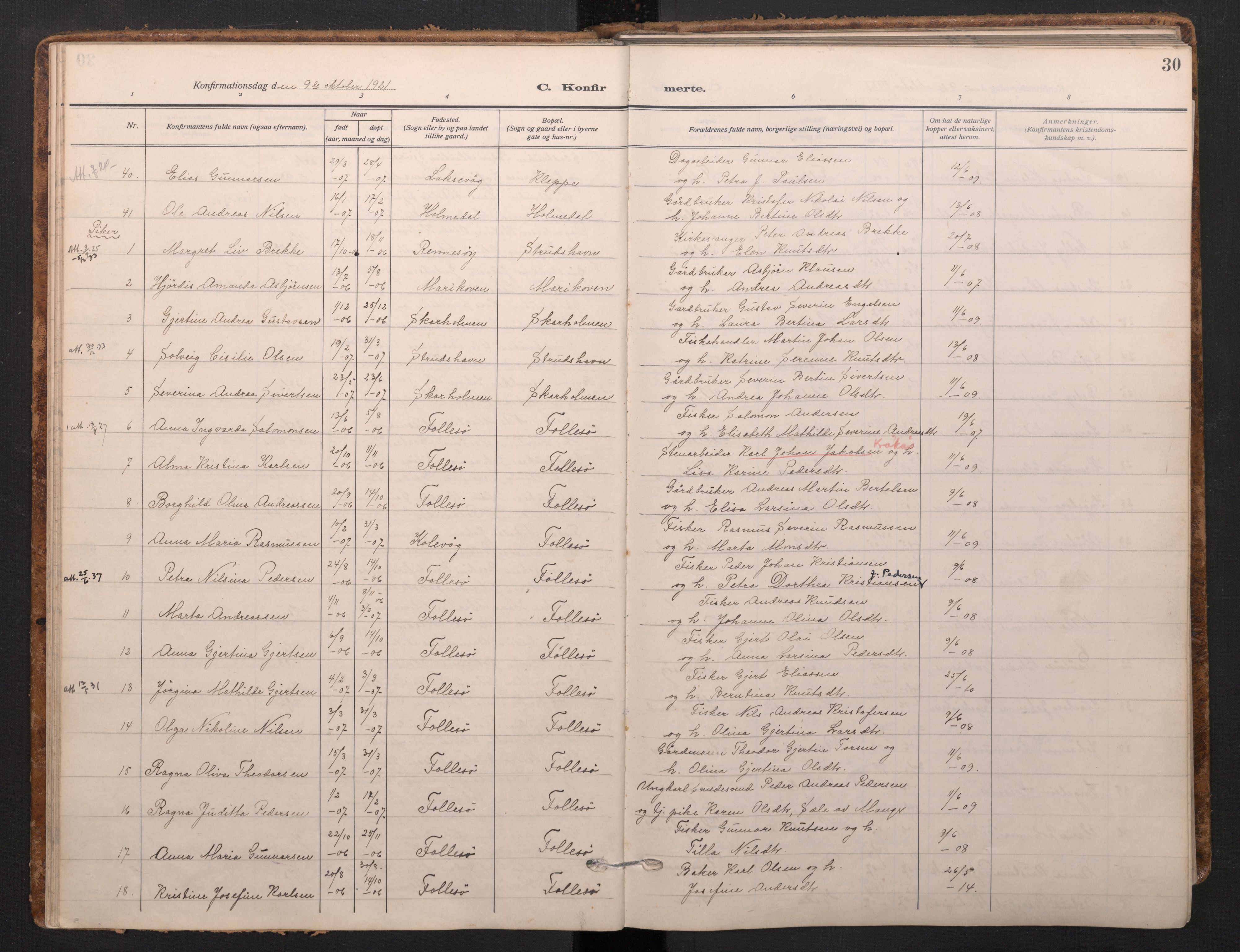 Askøy Sokneprestembete, AV/SAB-A-74101/H/Ha/Haa/Haad/L0002: Ministerialbok nr. D 2, 1915-1935, s. 30
