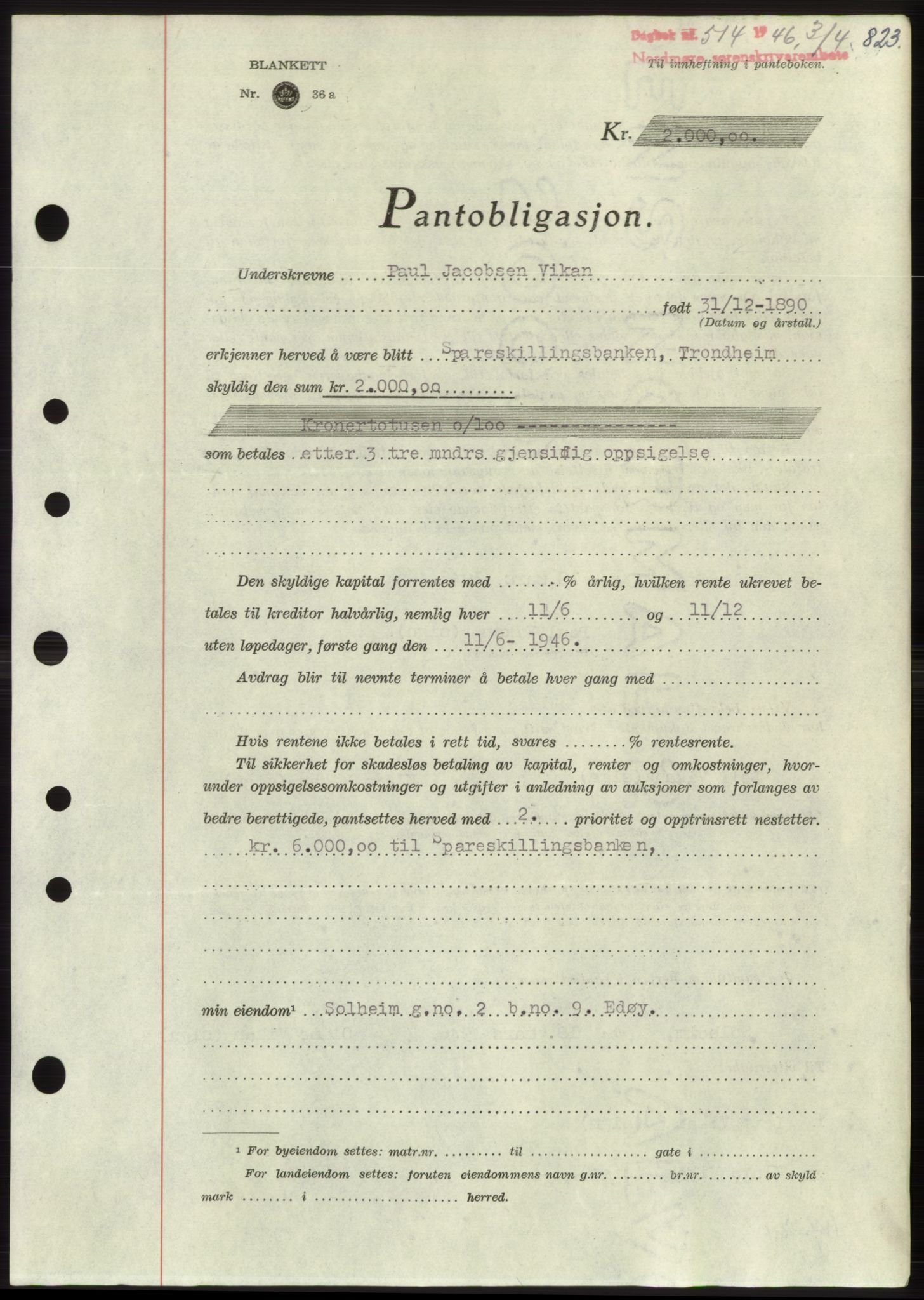 Nordmøre sorenskriveri, SAT/A-4132/1/2/2Ca: Pantebok nr. B93b, 1946-1946, Dagboknr: 514/1946