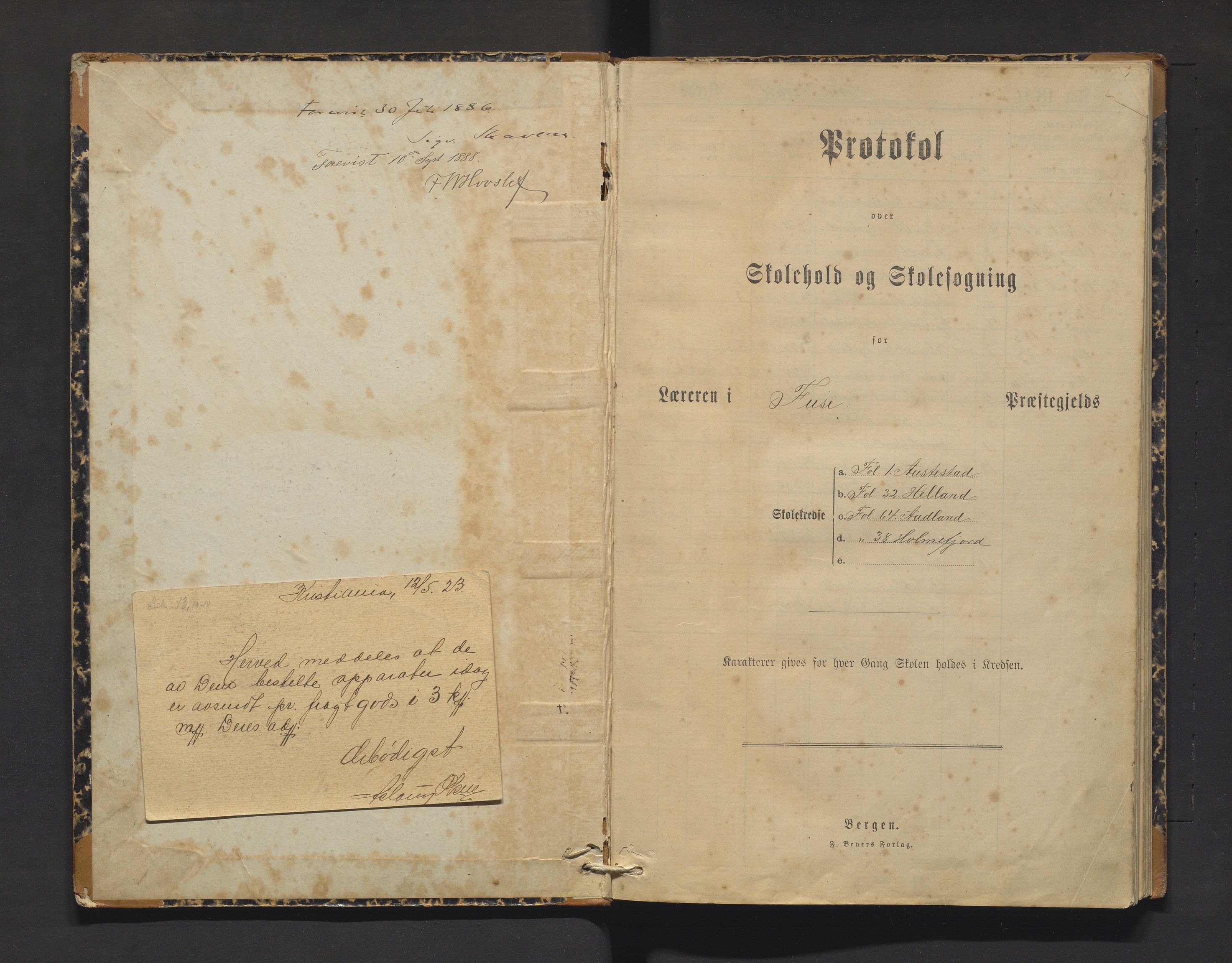 Fusa kommune. Barneskulane, IKAH/1241-231/F/Fa/L0005: Skuleprotokoll for Auestad, Helland, Holmefjord og Ådland krinsar, 1886-1908