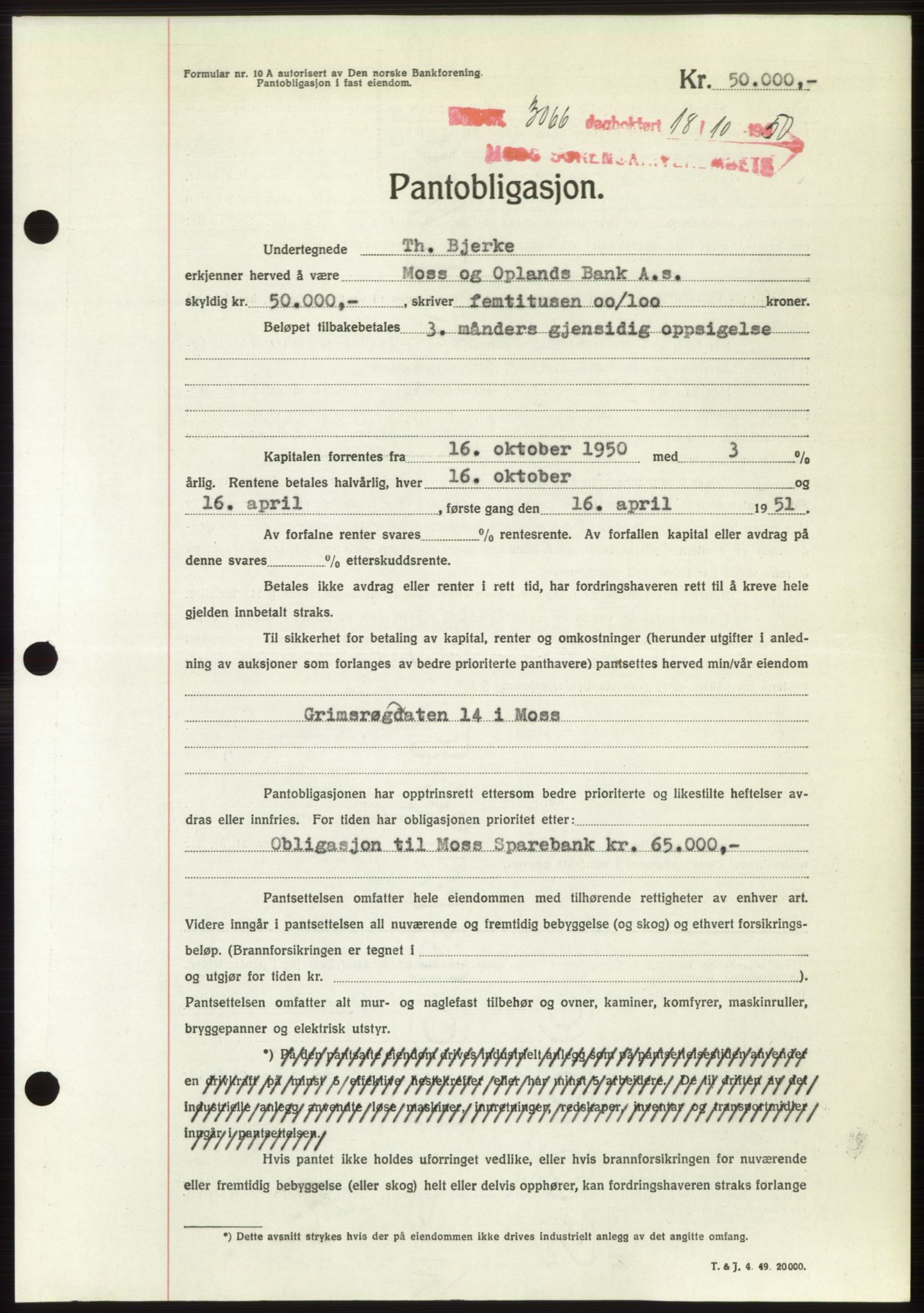 Moss sorenskriveri, SAO/A-10168: Pantebok nr. B25, 1950-1950, Dagboknr: 3066/1950