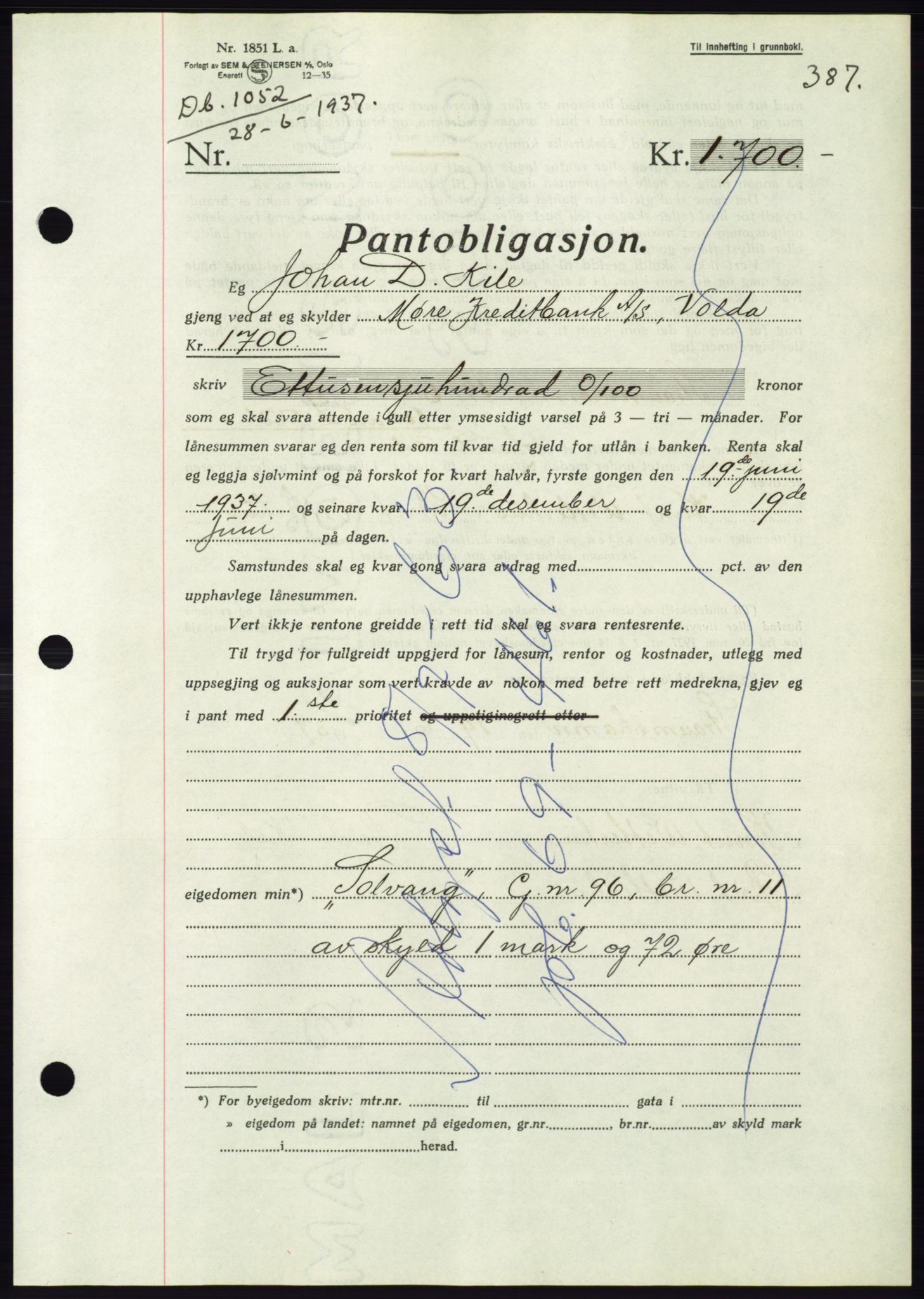 Søre Sunnmøre sorenskriveri, AV/SAT-A-4122/1/2/2C/L0063: Pantebok nr. 57, 1937-1937, Dagboknr: 1052/1937