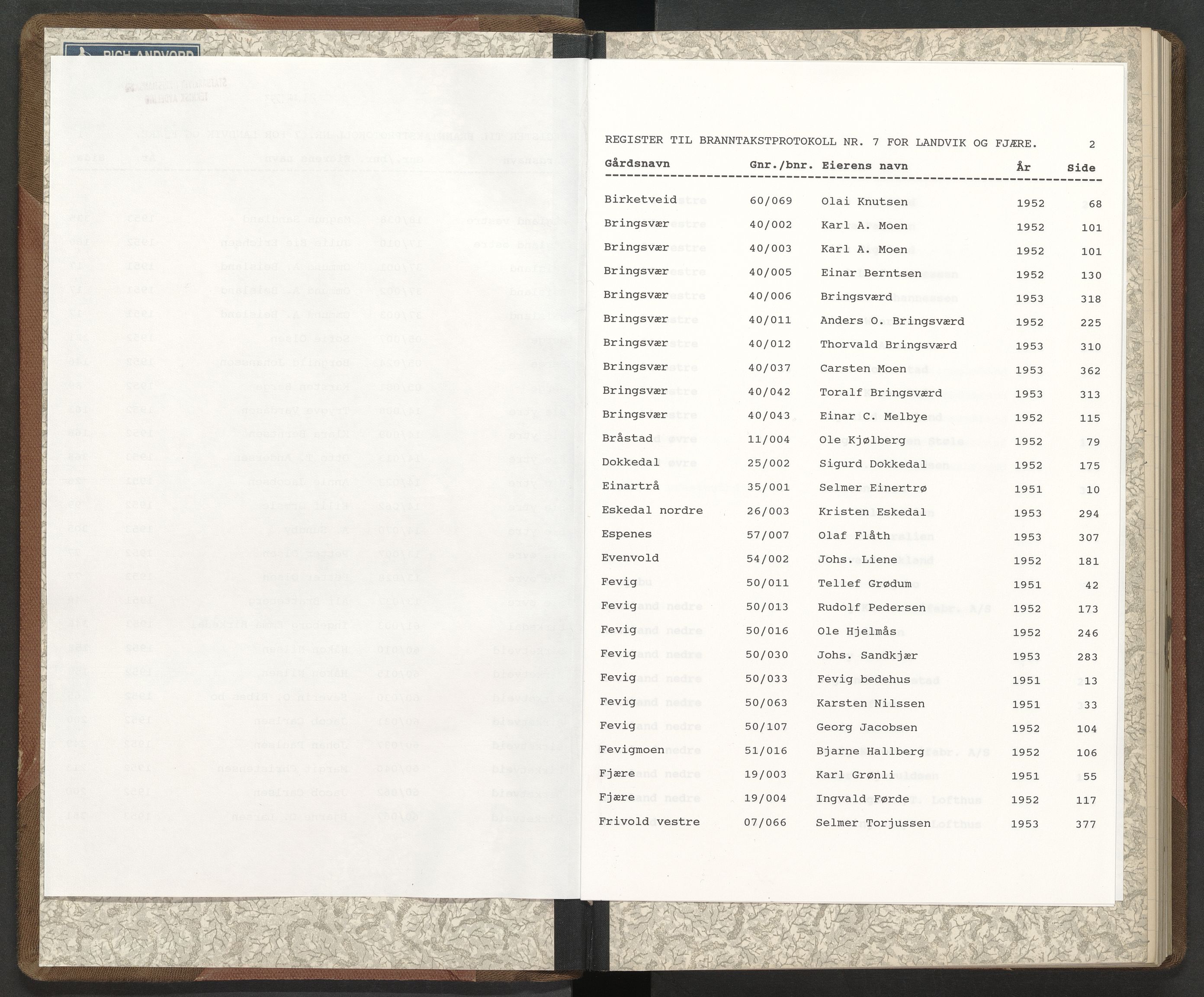 Norges Brannkasse Landvik og Fjære, AV/SAK-2241-0032/F/Fa/L0007: Branntakstprotokoll nr. 7 med gårdsnavnregister, 1951-1953