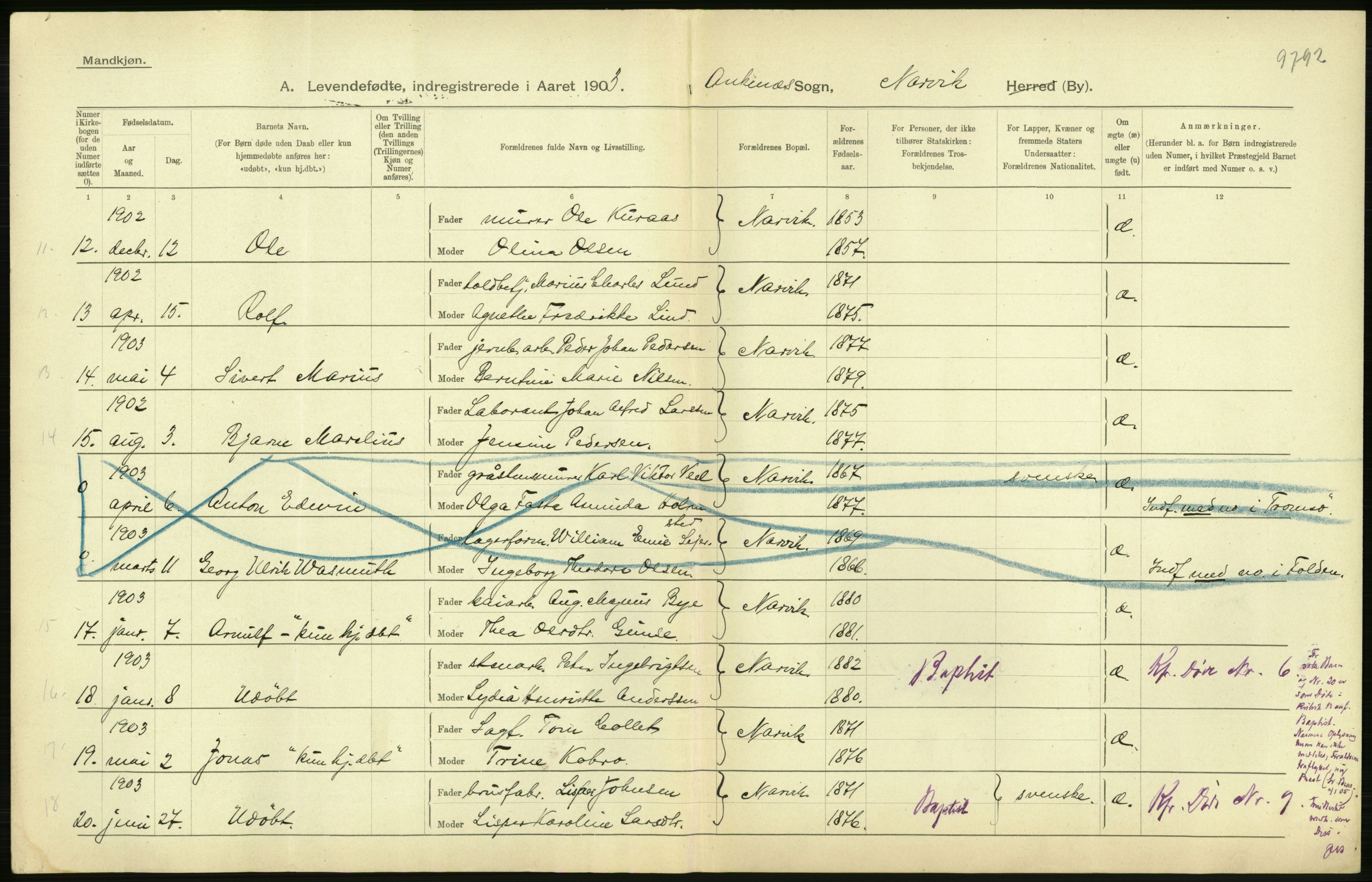 Statistisk sentralbyrå, Sosiodemografiske emner, Befolkning, AV/RA-S-2228/D/Df/Dfa/Dfaa/L0019: Nordlands amt: Fødte, gifte, døde., 1903, s. 28