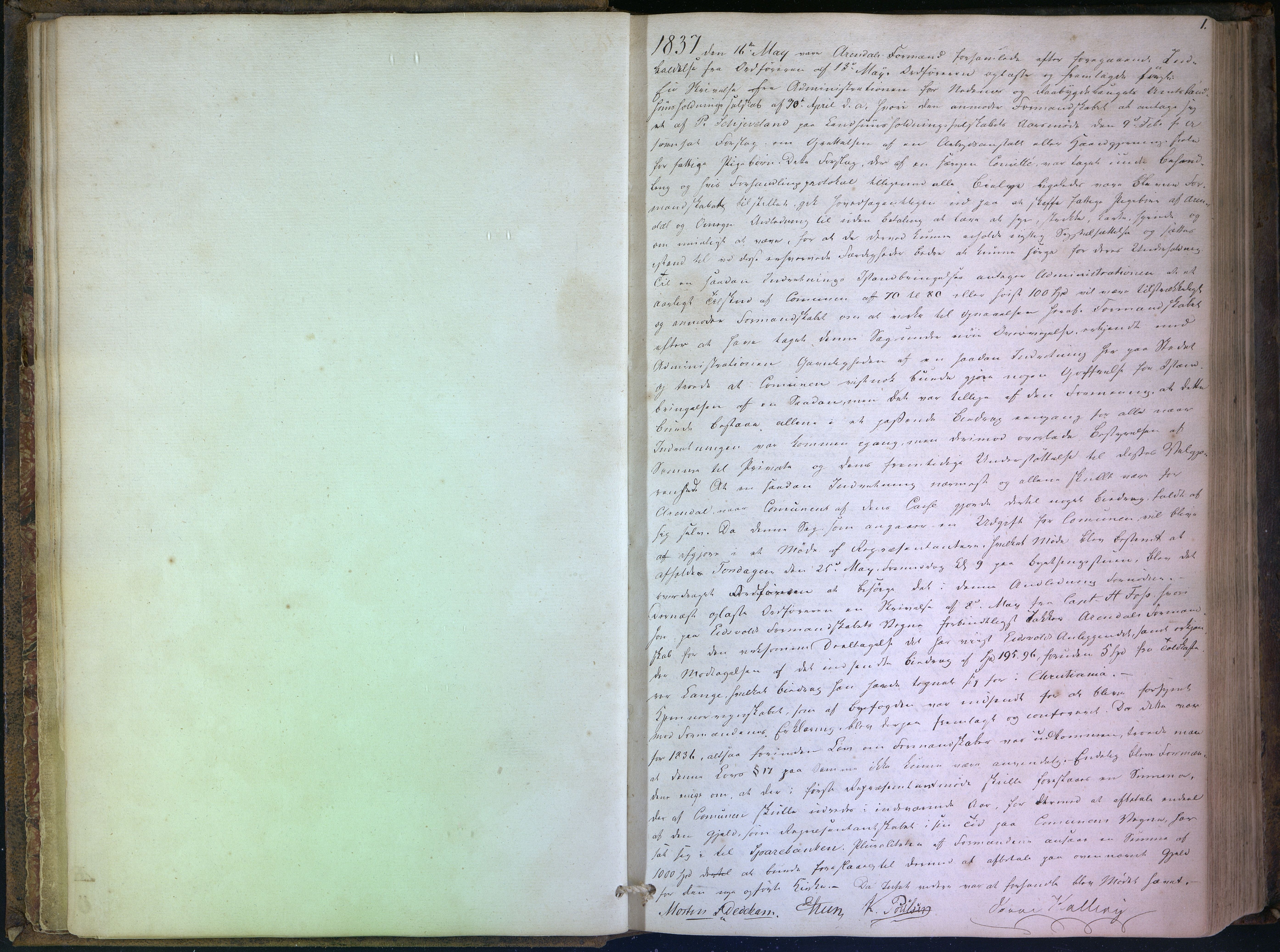 Arendal kommune, Katalog I, AAKS/KA0906-PK-I/01/L0001: Forhandlingsprotokoll nr. 1, 1837-1861, s. 1