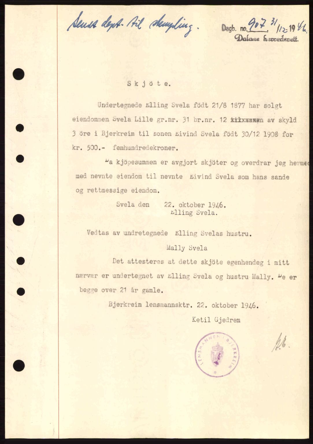 Dalane sorenskriveri, SAST/A-100309/02/G/Gb/L0049: Pantebok nr. A9, 1946-1947, Dagboknr: 907/1946