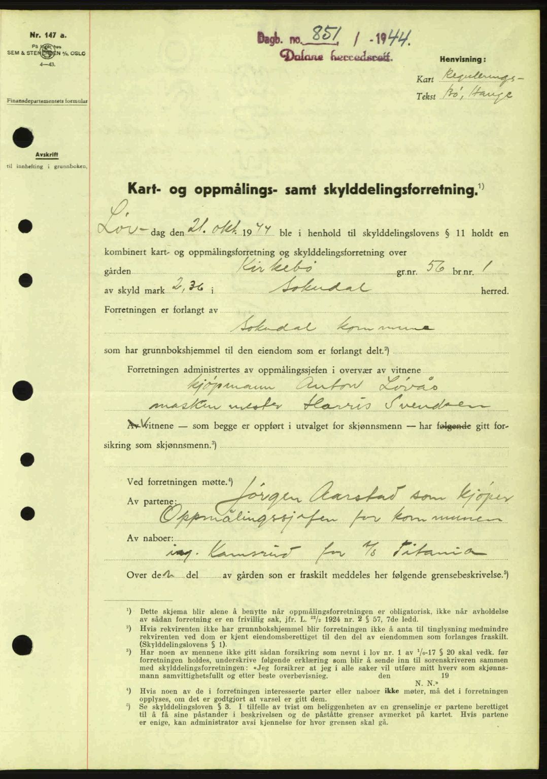 Dalane sorenskriveri, SAST/A-100309/02/G/Gb/L0047: Pantebok nr. A8 I, 1944-1945, Dagboknr: 851/1944