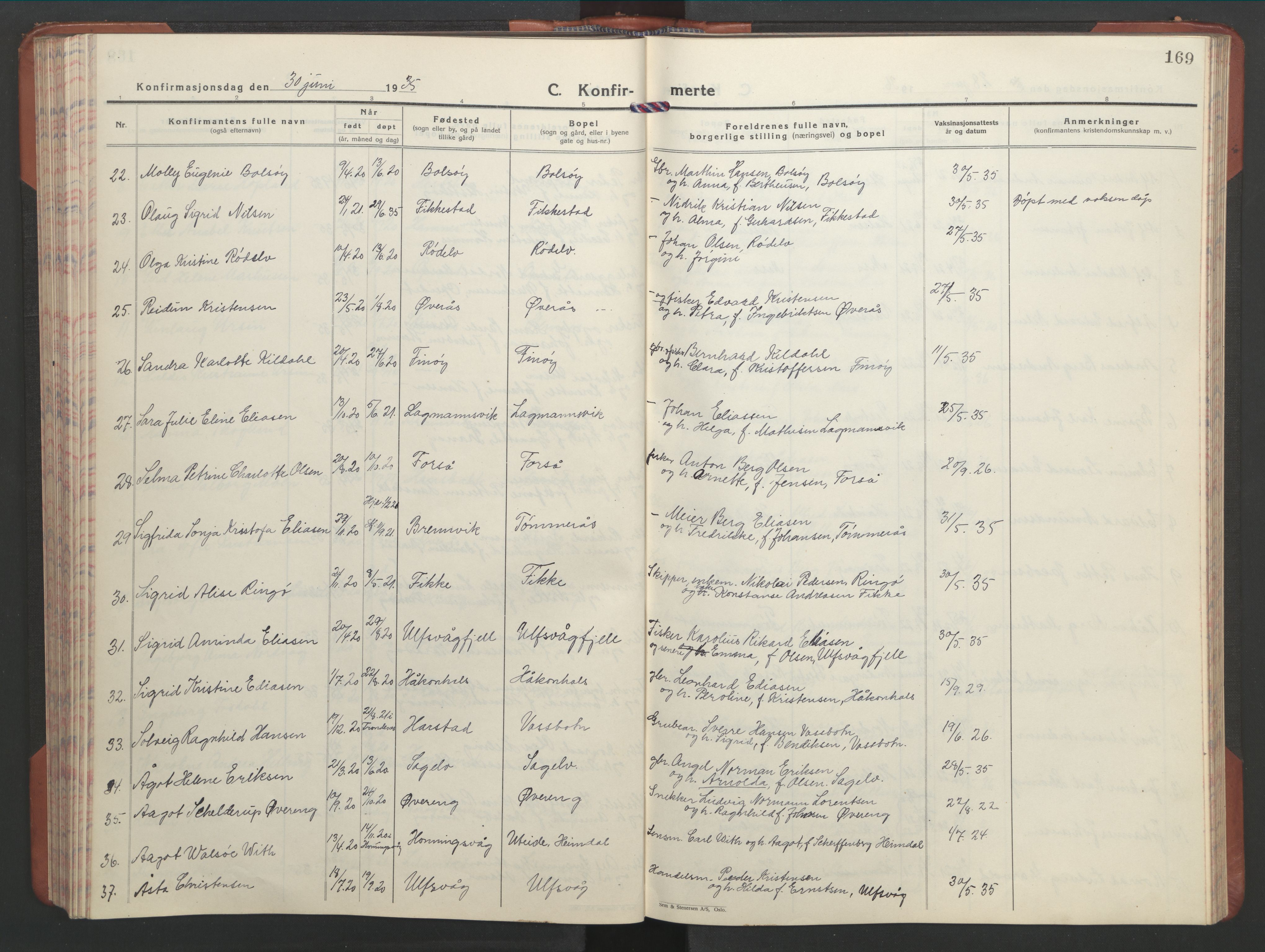 Ministerialprotokoller, klokkerbøker og fødselsregistre - Nordland, AV/SAT-A-1459/859/L0862: Klokkerbok nr. 859C08, 1925-1936, s. 169