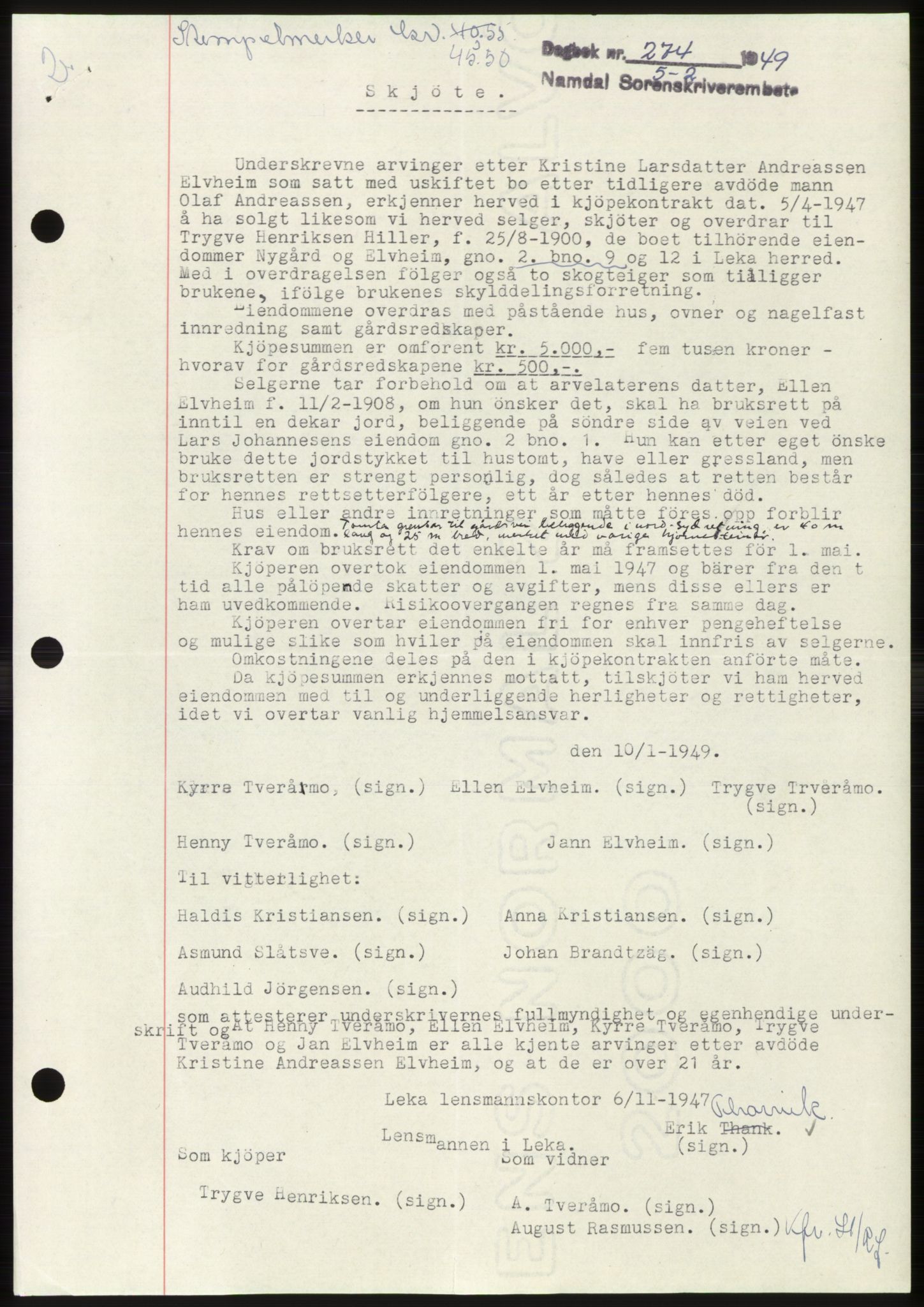 Namdal sorenskriveri, SAT/A-4133/1/2/2C: Pantebok nr. -, 1949-1949, Dagboknr: 274/1949