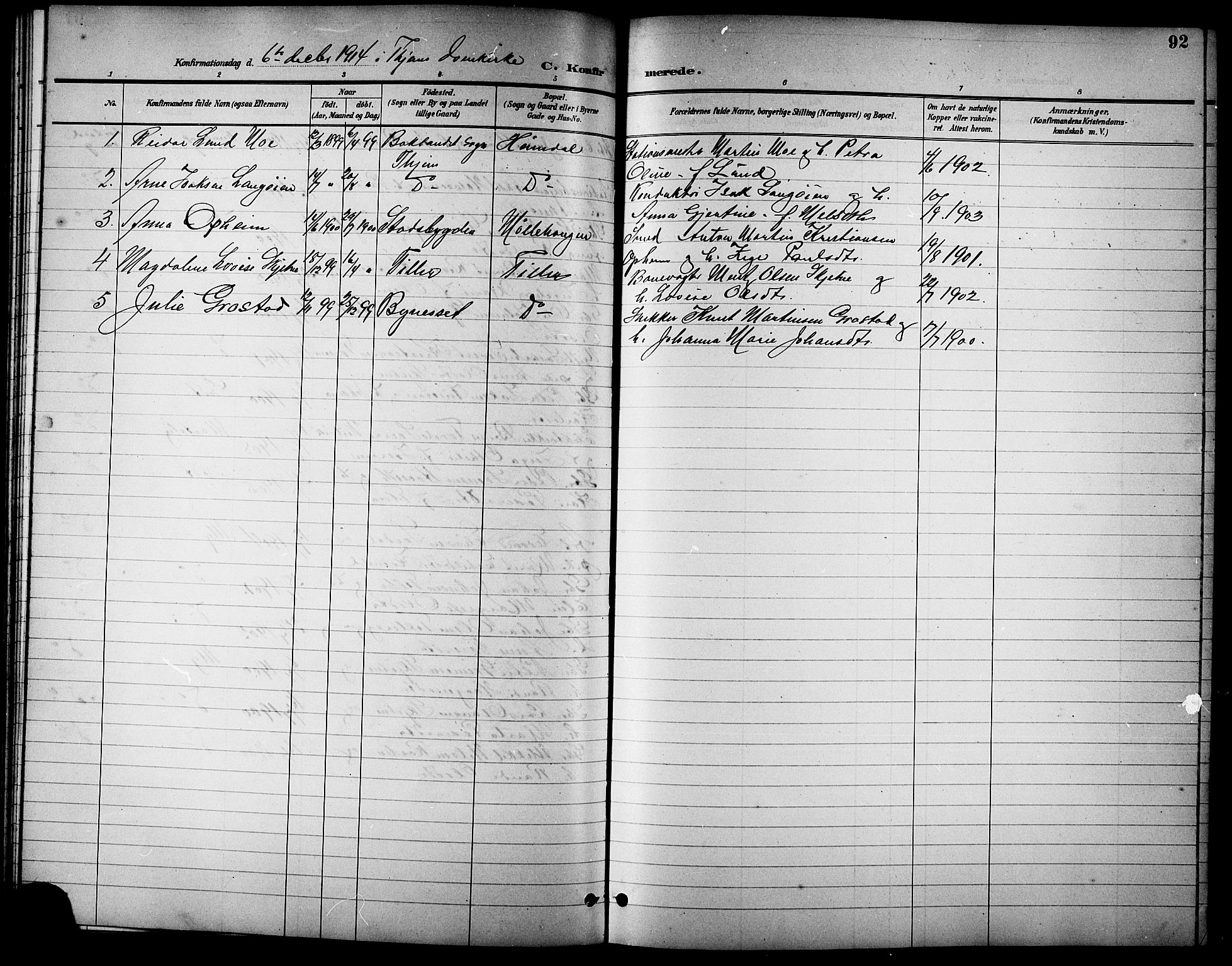 Ministerialprotokoller, klokkerbøker og fødselsregistre - Sør-Trøndelag, SAT/A-1456/621/L0460: Klokkerbok nr. 621C03, 1896-1914, s. 92