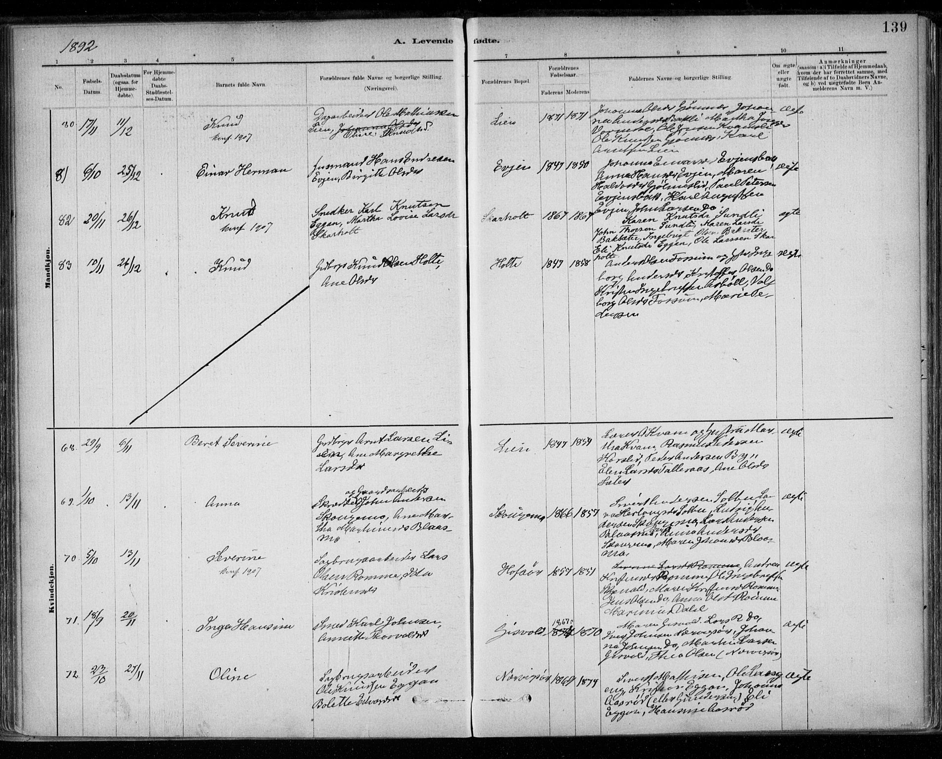 Ministerialprotokoller, klokkerbøker og fødselsregistre - Sør-Trøndelag, SAT/A-1456/668/L0809: Ministerialbok nr. 668A09, 1881-1895, s. 139