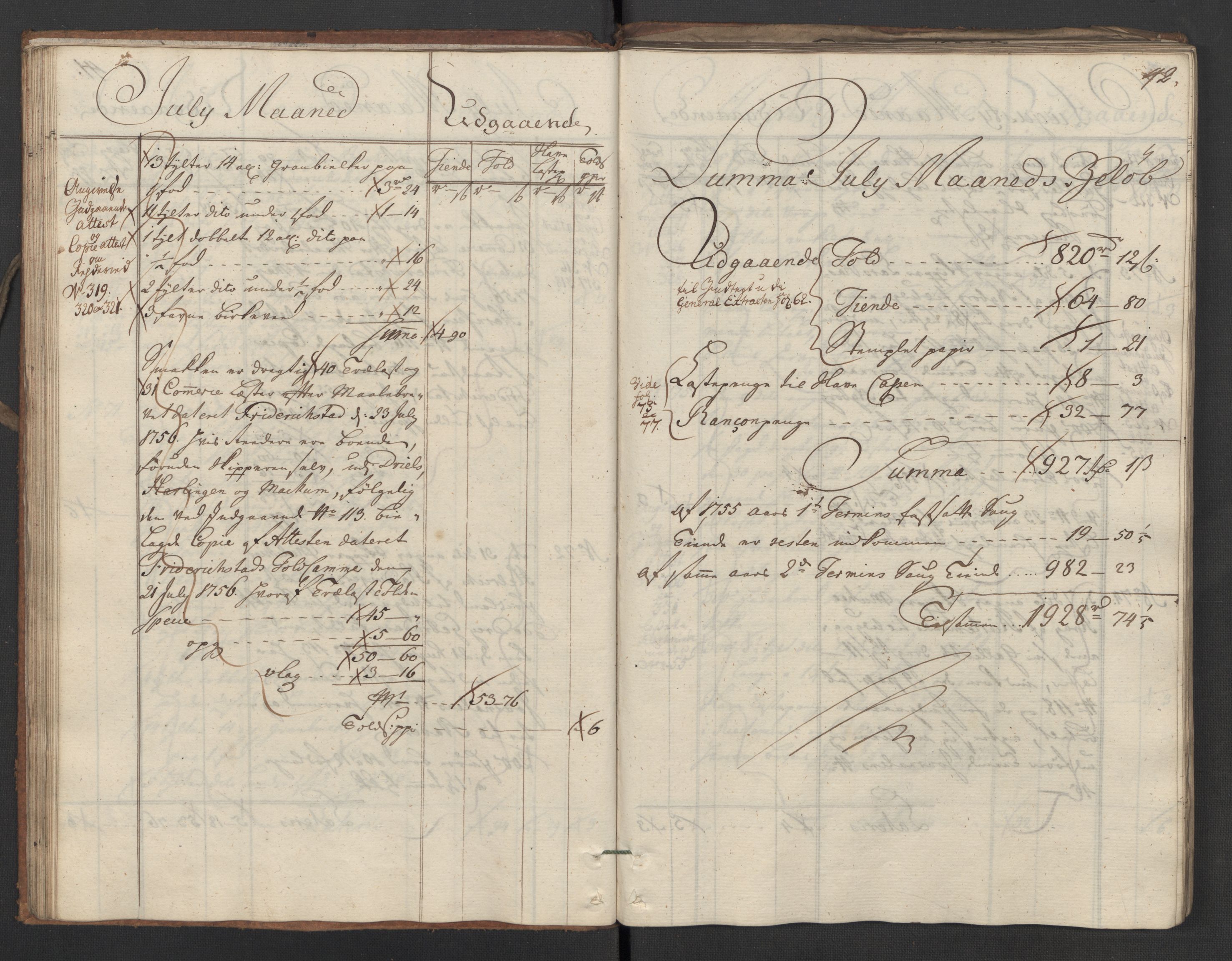 Generaltollkammeret, tollregnskaper, AV/RA-EA-5490/R02/L0023/0001: Tollregnskaper Fredrikstad / Utgående hovedtollbok, 1756, s. 42