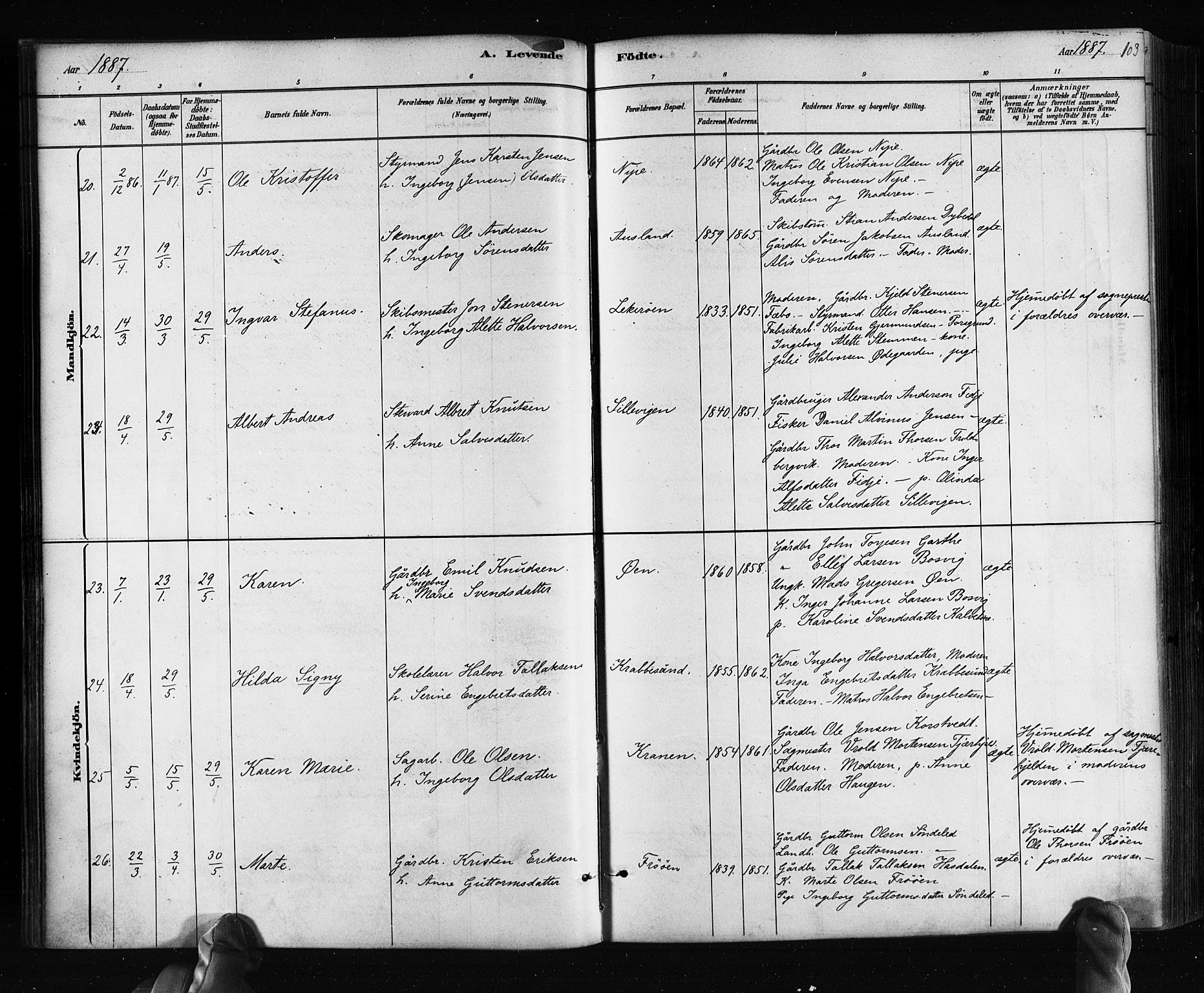 Søndeled sokneprestkontor, AV/SAK-1111-0038/F/Fa/L0004: Ministerialbok nr. A 4, 1880-1889, s. 103