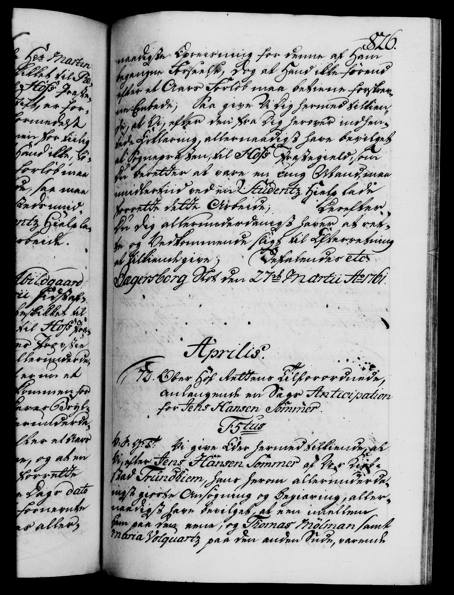 Danske Kanselli 1572-1799, RA/EA-3023/F/Fc/Fca/Fcab/L0036: Norske tegnelser, 1757-1761, s. 826a