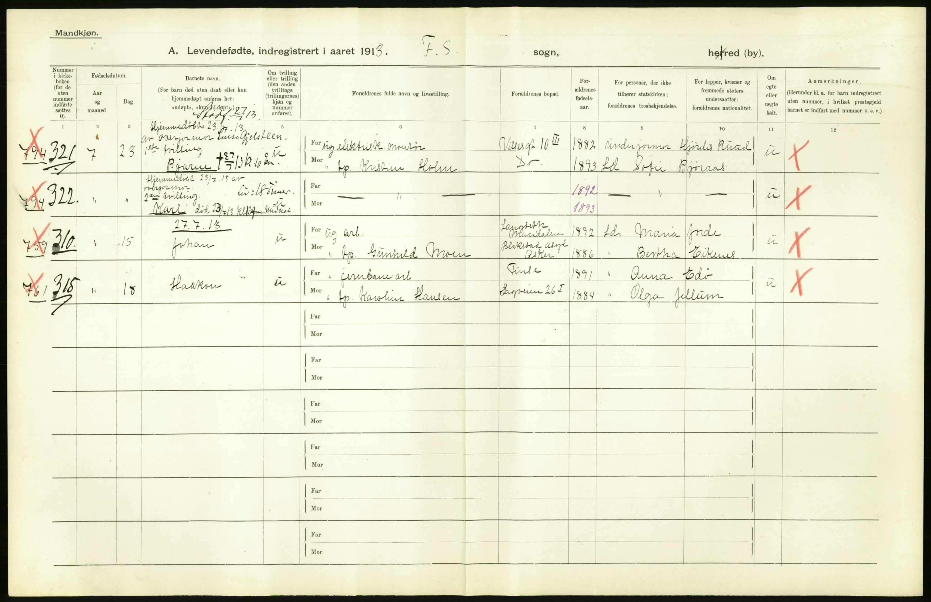 Statistisk sentralbyrå, Sosiodemografiske emner, Befolkning, AV/RA-S-2228/D/Df/Dfb/Dfbc/L0007: Kristiania: Levendefødte menn og kvinner., 1913, s. 68