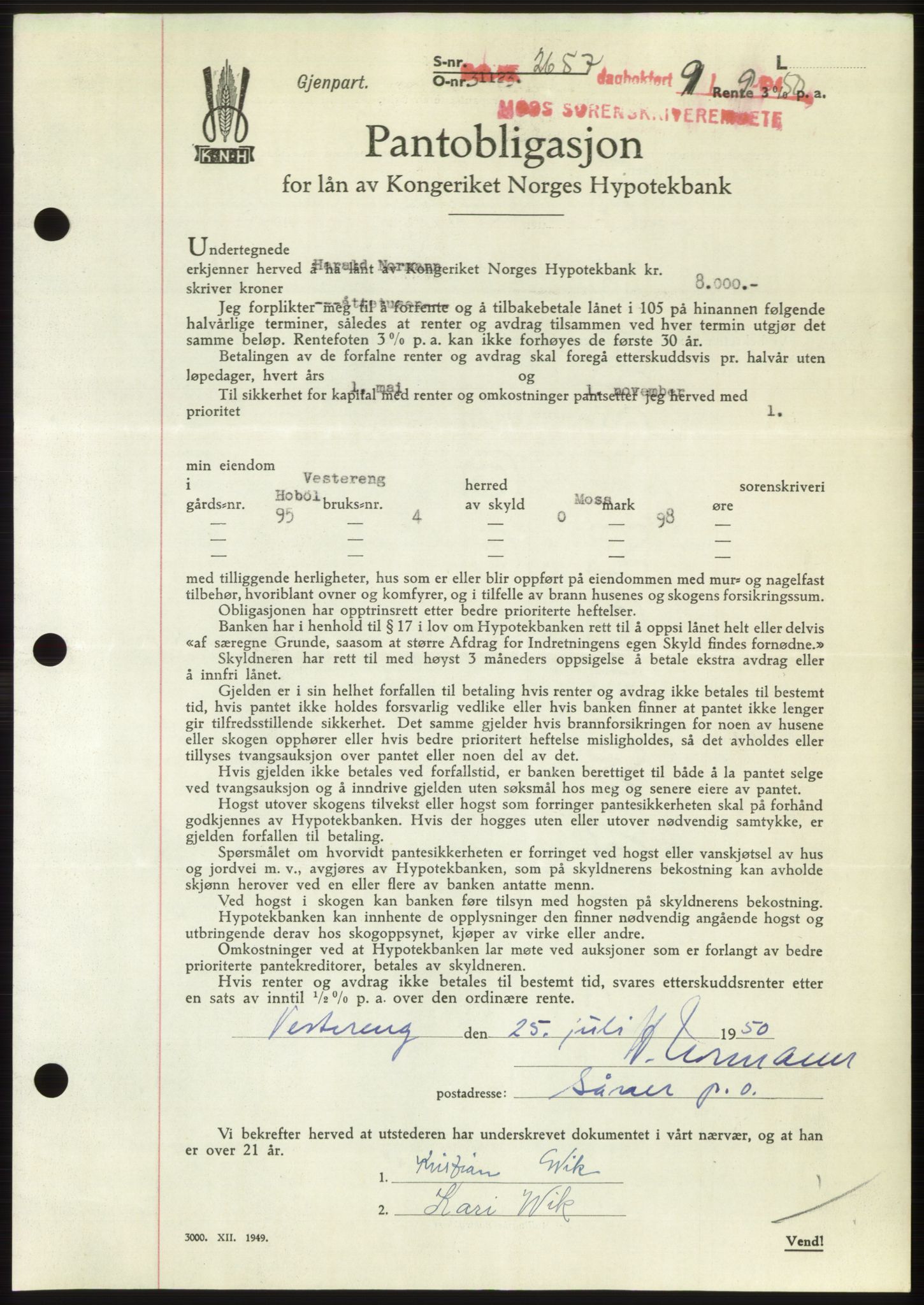 Moss sorenskriveri, SAO/A-10168: Pantebok nr. B25, 1950-1950, Dagboknr: 2657/1950