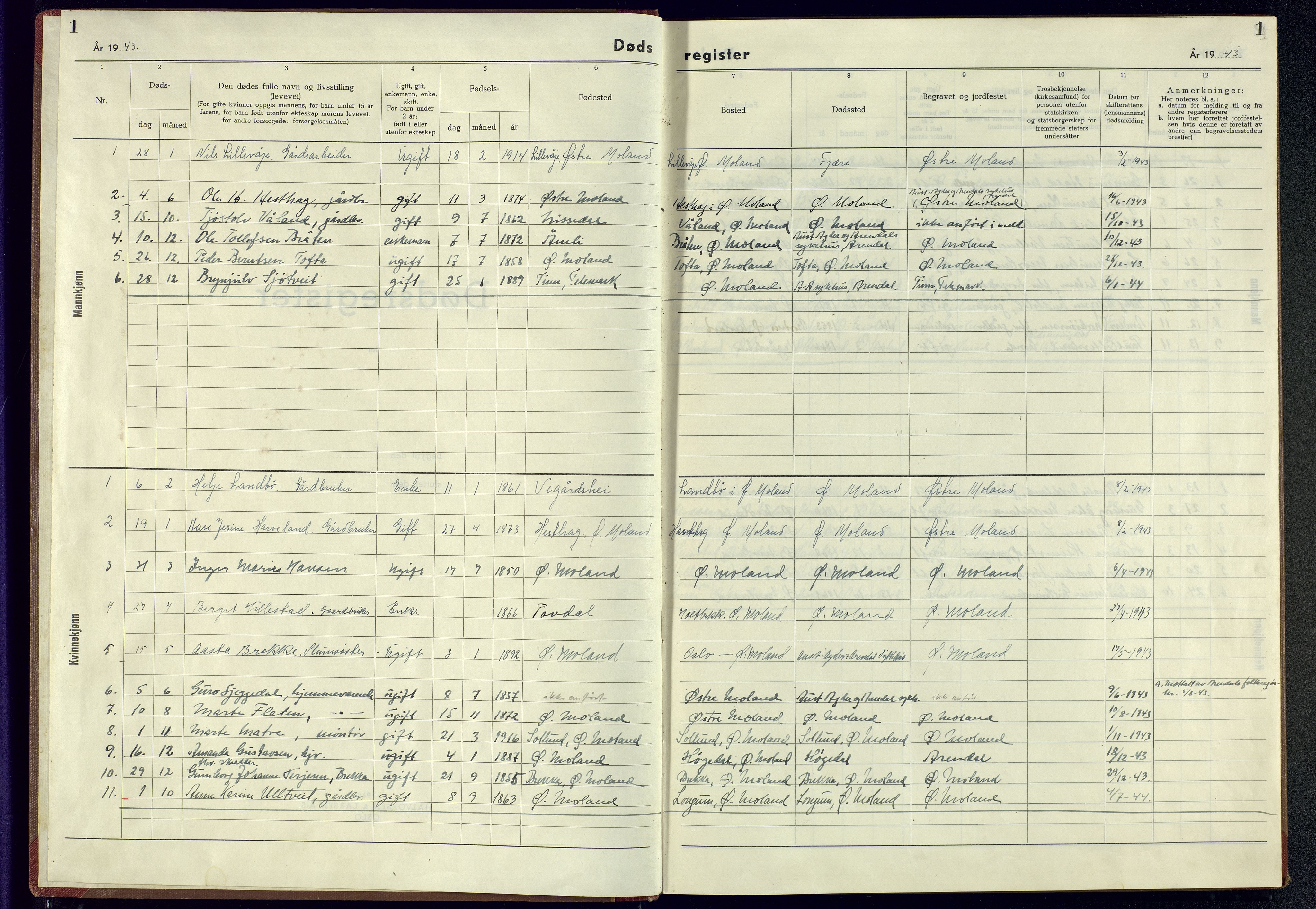 Austre Moland sokneprestkontor, SAK/1111-0001/J/Jb/L0006: A-VI-22 - Dødsfallsregister Austre Moland, 1943-1945, s. 1