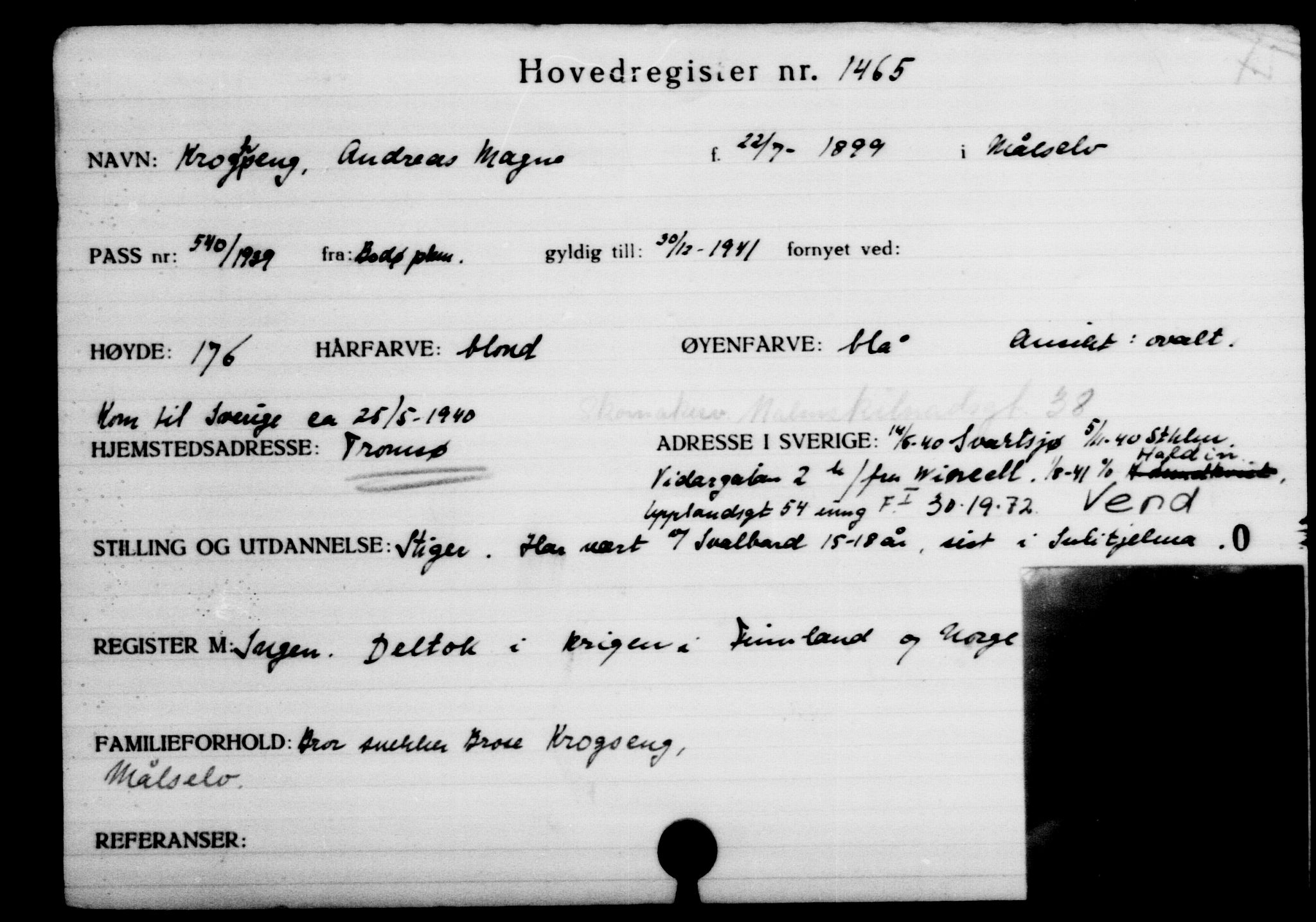 Utenriksstasjonene, Legasjonen i Stockholm, Flyktningkontoret, AV/RA-S-6753/V/Va/L0002: Kjesäterkartoteket, flyktninger med registreringsnr. 1001-2000, 1940-1945, s. 656