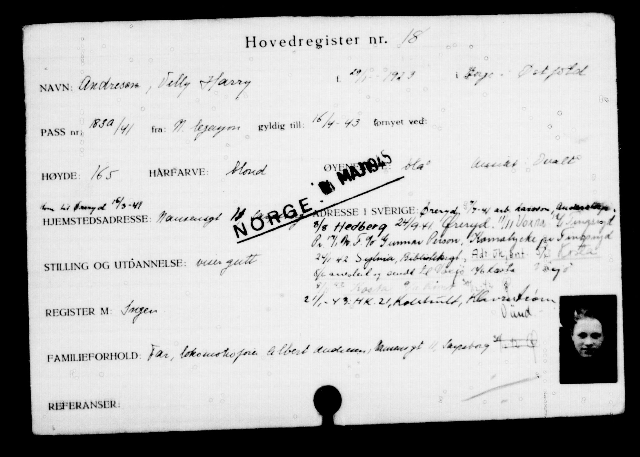 Utenriksstasjonene, Legasjonen i Stockholm, Flyktningkontoret, AV/RA-S-6753/V/Va/L0001: Kjesäterkartoteket, flyktninger med registreringsnr. 1-1000, 1940-1945, s. 27