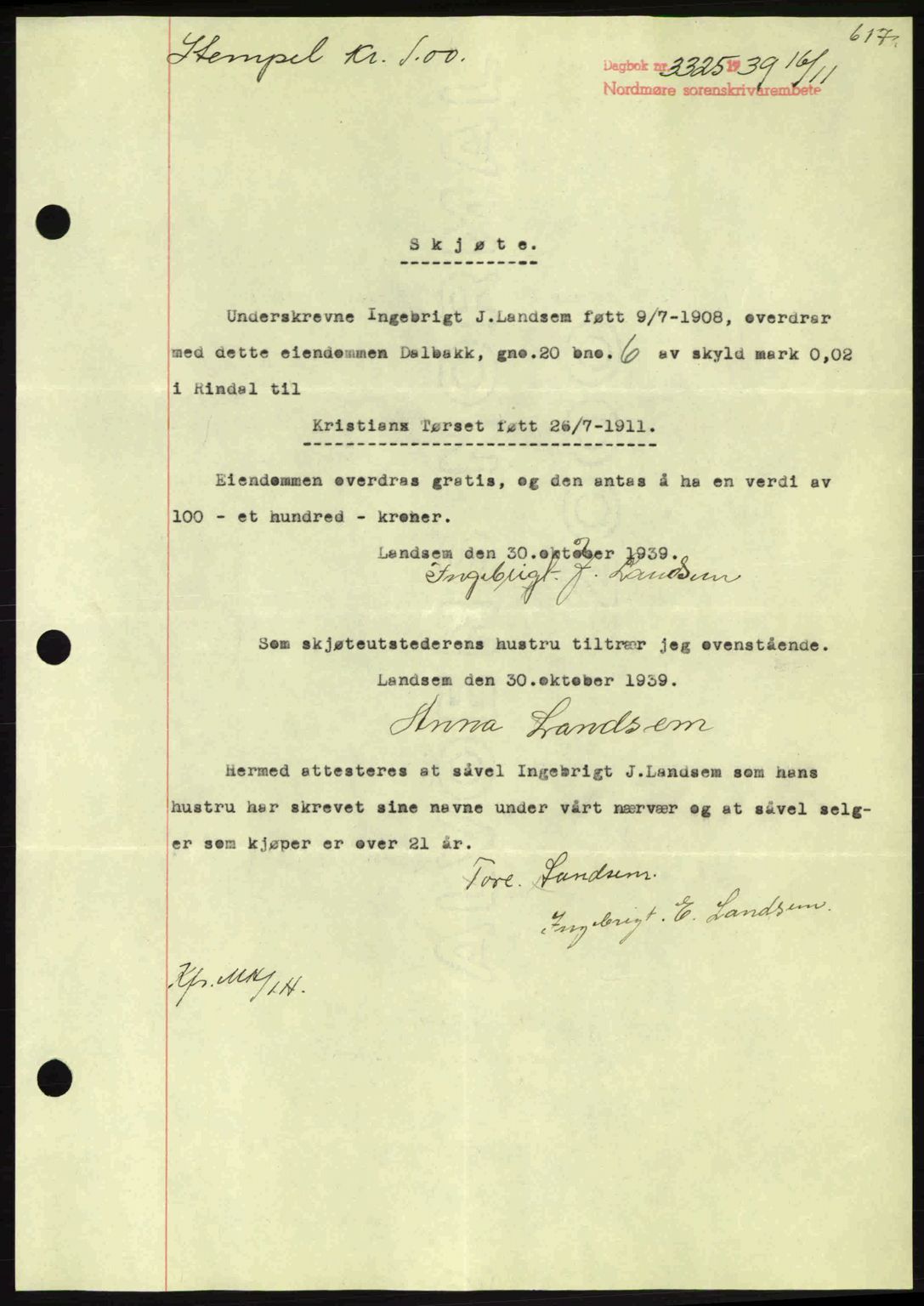 Nordmøre sorenskriveri, SAT/A-4132/1/2/2Ca: Pantebok nr. A87, 1939-1940, Dagboknr: 3325/1939