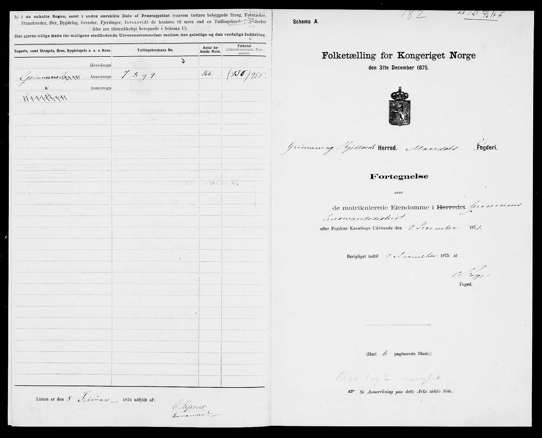 SAK, Folketelling 1875 for 1024P Bjelland prestegjeld, 1875, s. 4