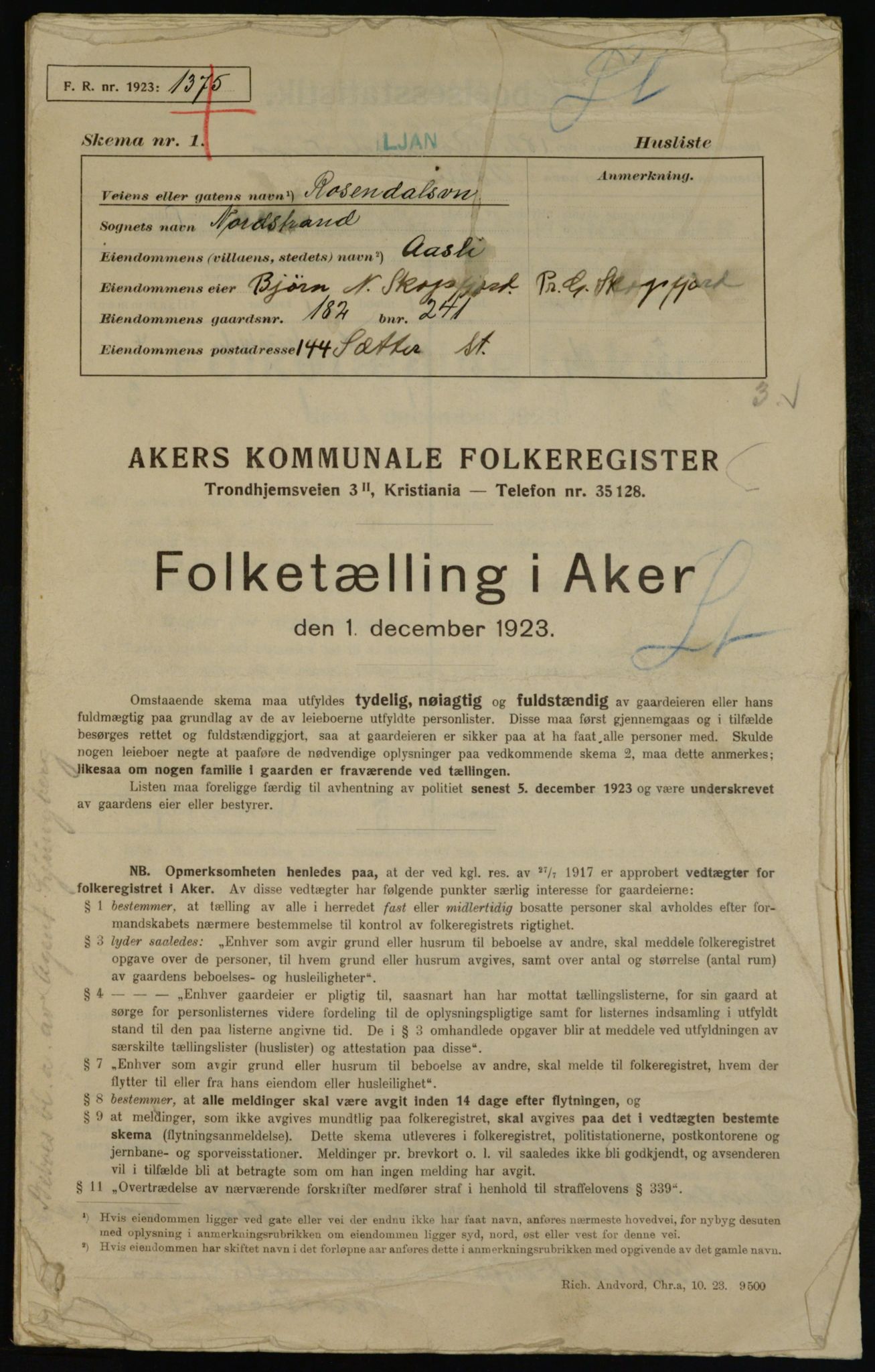 , Kommunal folketelling 1.12.1923 for Aker, 1923, s. 44509