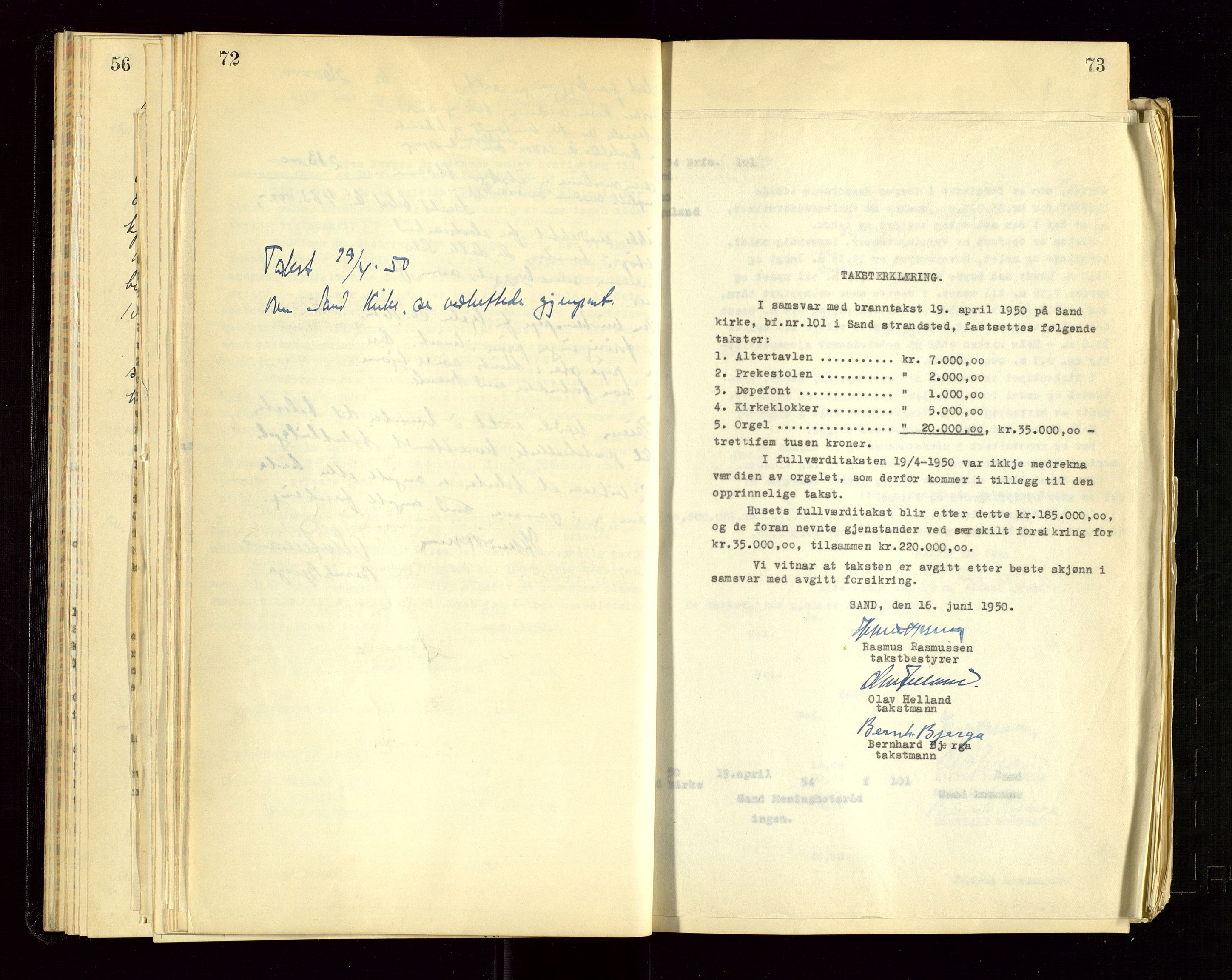 Sand lensmannskontor, AV/SAST-A-100415/Gob/L0004: Branntakstprotokoll, 1937-1955, s. 72-73