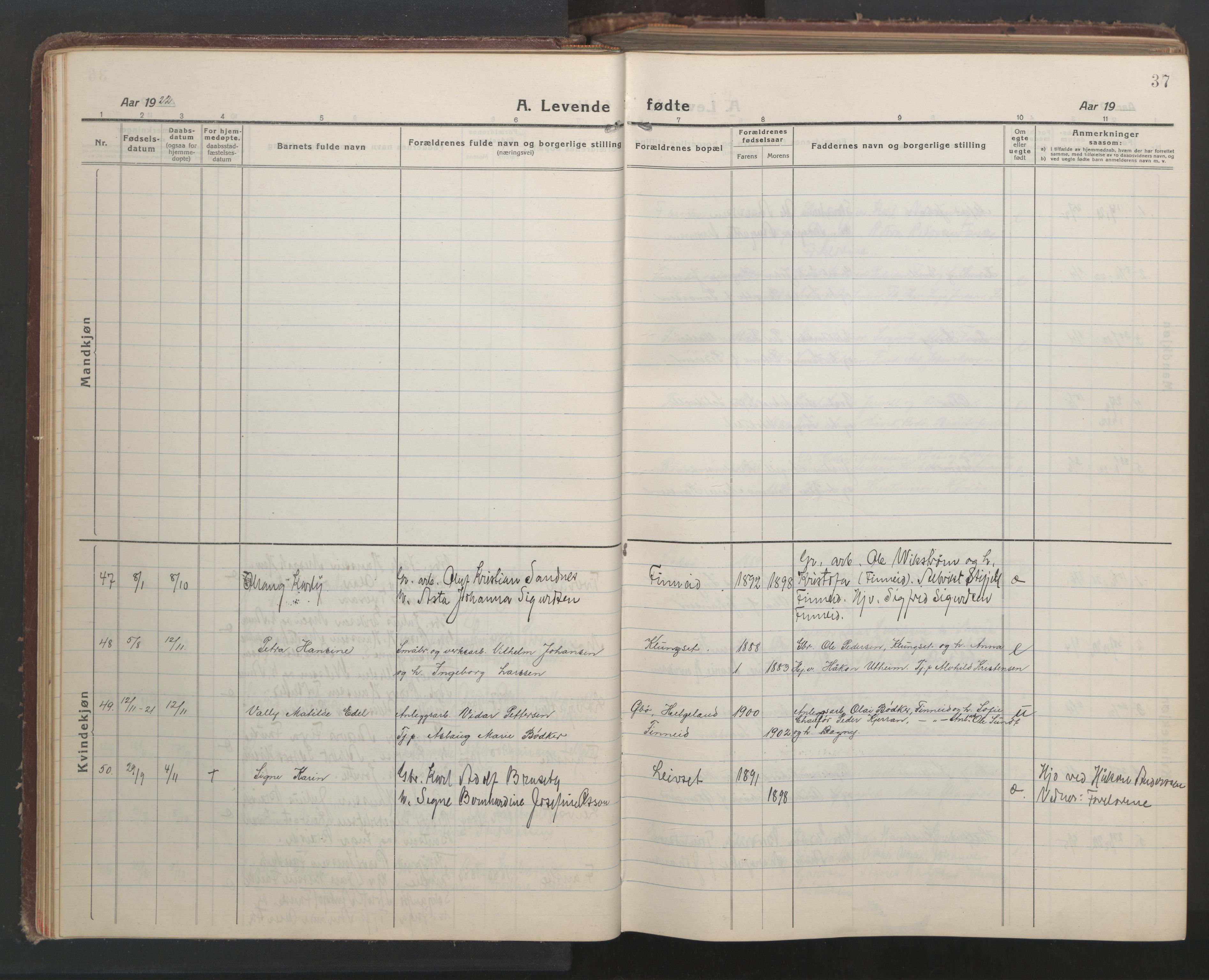 Ministerialprotokoller, klokkerbøker og fødselsregistre - Nordland, AV/SAT-A-1459/849/L0700: Klokkerbok nr. 849C01, 1919-1946, s. 37