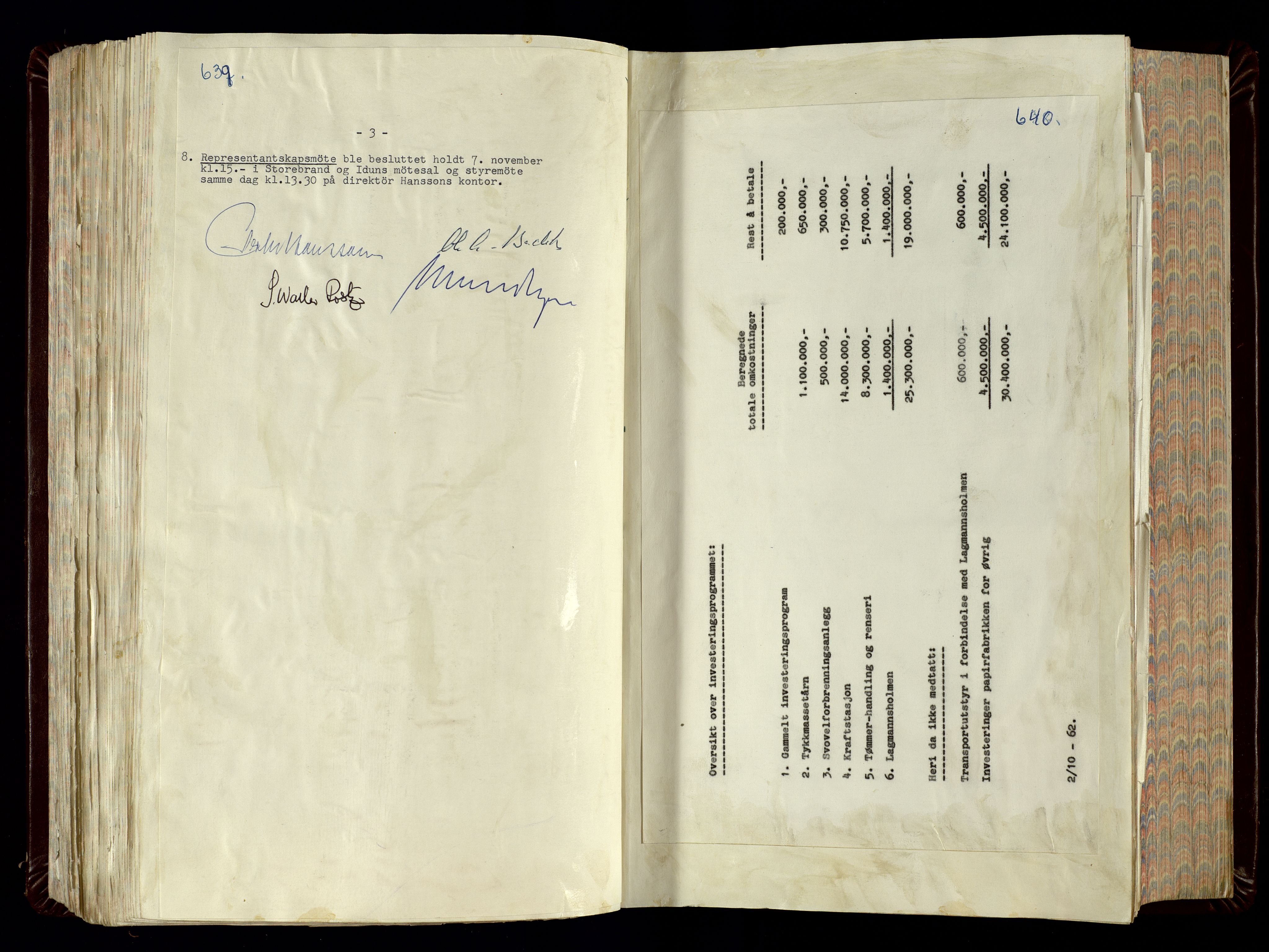 Hunsfos fabrikker, AV/SAK-D/1440/02/L0007: Referatprotokoll fra styremøter (møte nr 114-221), 1951-1964, s. 639-640