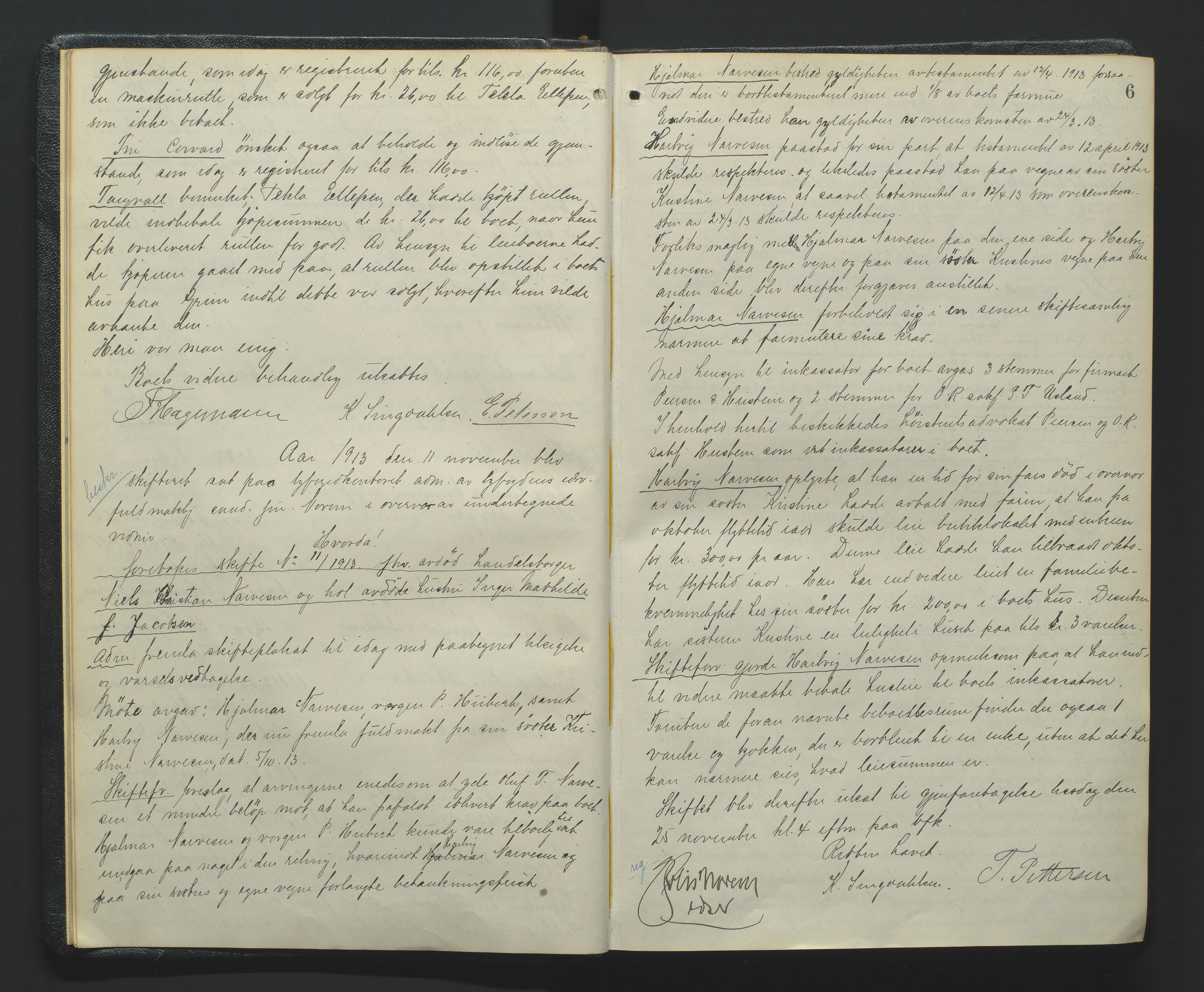 Kristiansand byrett, AV/SAK-1223-0001/H/Hc/L0049: Skifteforhandlingsprotokoll nr. 9, med register, 1913-1921, s. 6