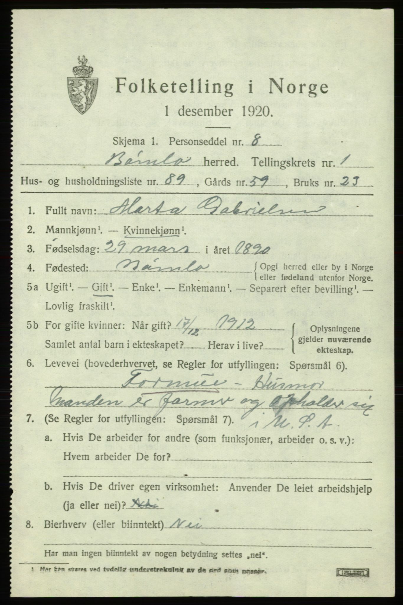 SAB, Folketelling 1920 for 1219 Bømlo herred, 1920, s. 1593