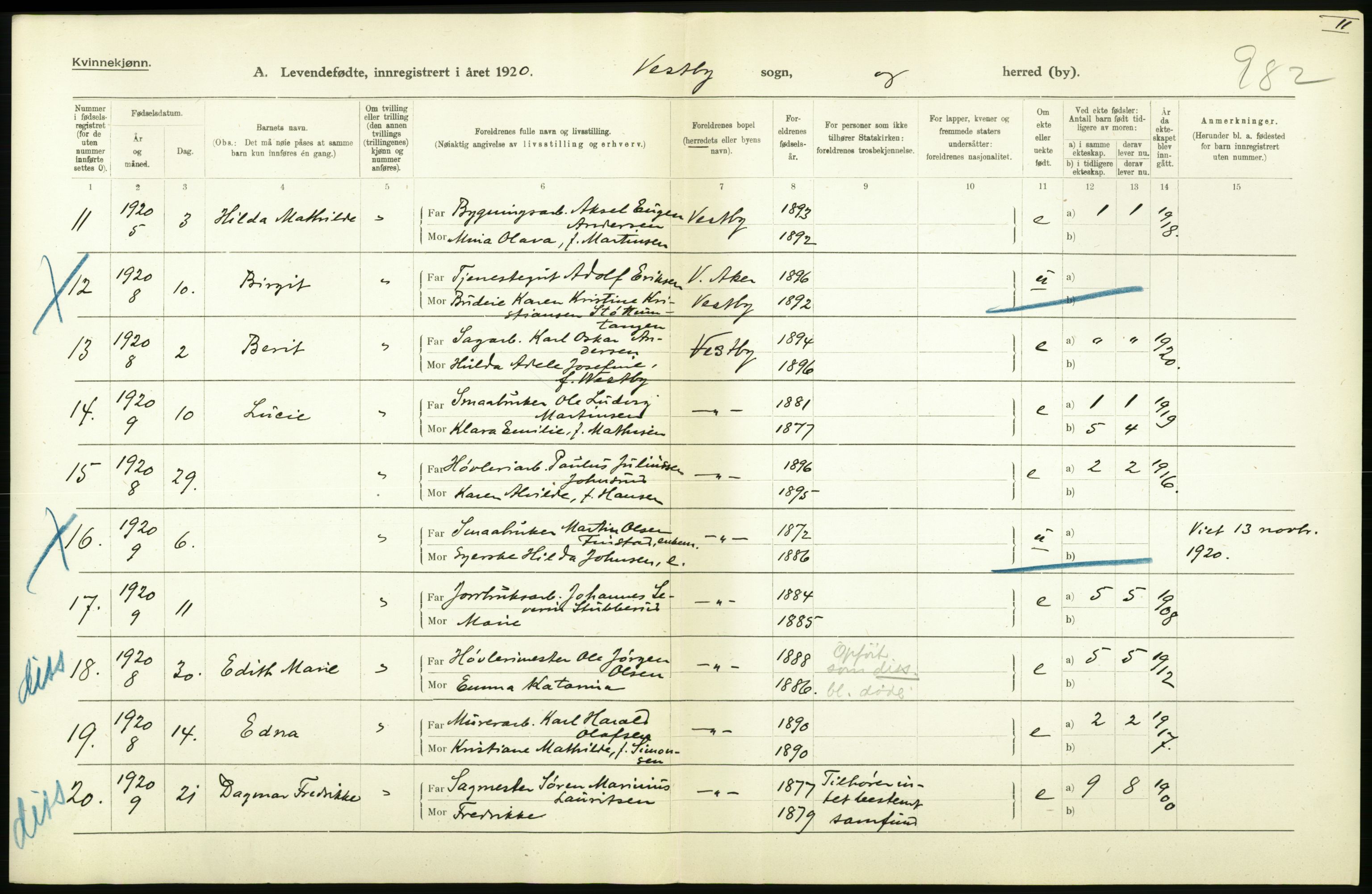 Statistisk sentralbyrå, Sosiodemografiske emner, Befolkning, AV/RA-S-2228/D/Df/Dfb/Dfbj/L0004: Akershus fylke: Levendefødte menn og kvinner. Bygder., 1920, s. 562