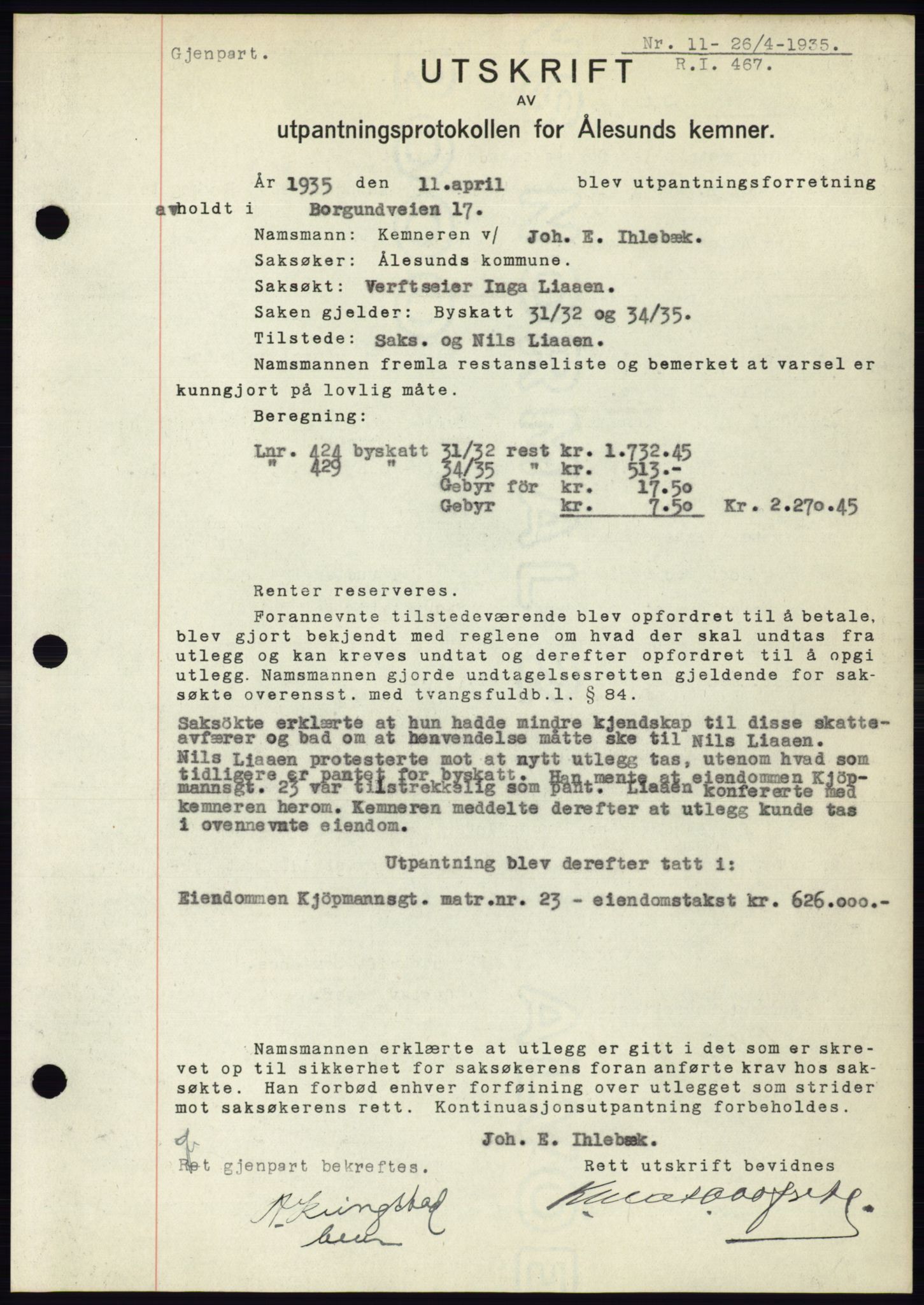 Ålesund byfogd, AV/SAT-A-4384: Pantebok nr. 32, 1934-1935, Tingl.dato: 26.04.1935