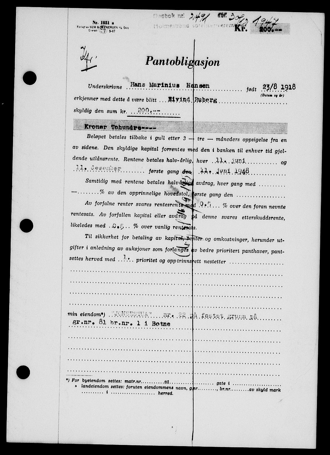 Holmestrand sorenskriveri, SAKO/A-67/G/Ga/Gab/L0058: Pantebok nr. B-58, 1947-1948, Dagboknr: 2491/1947