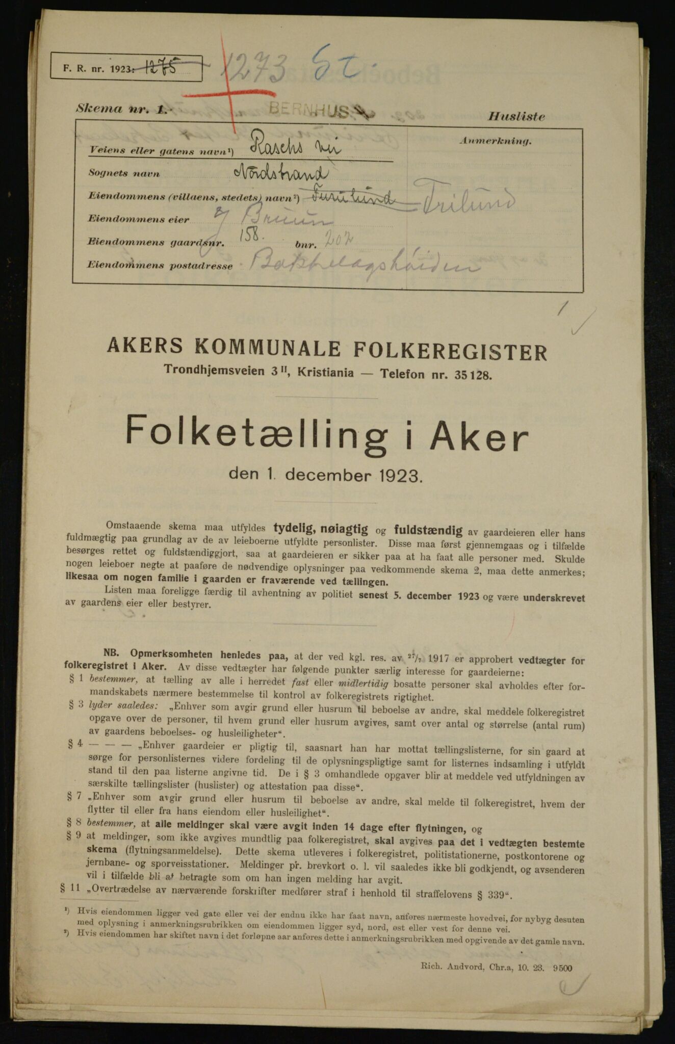 , Kommunal folketelling 1.12.1923 for Aker, 1923, s. 43992