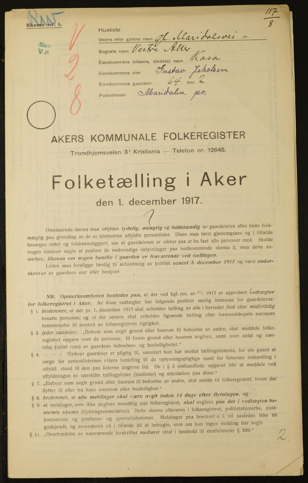 OBA, Kommunal folketelling 1.12.1917 for Aker, 1917, s. 11668