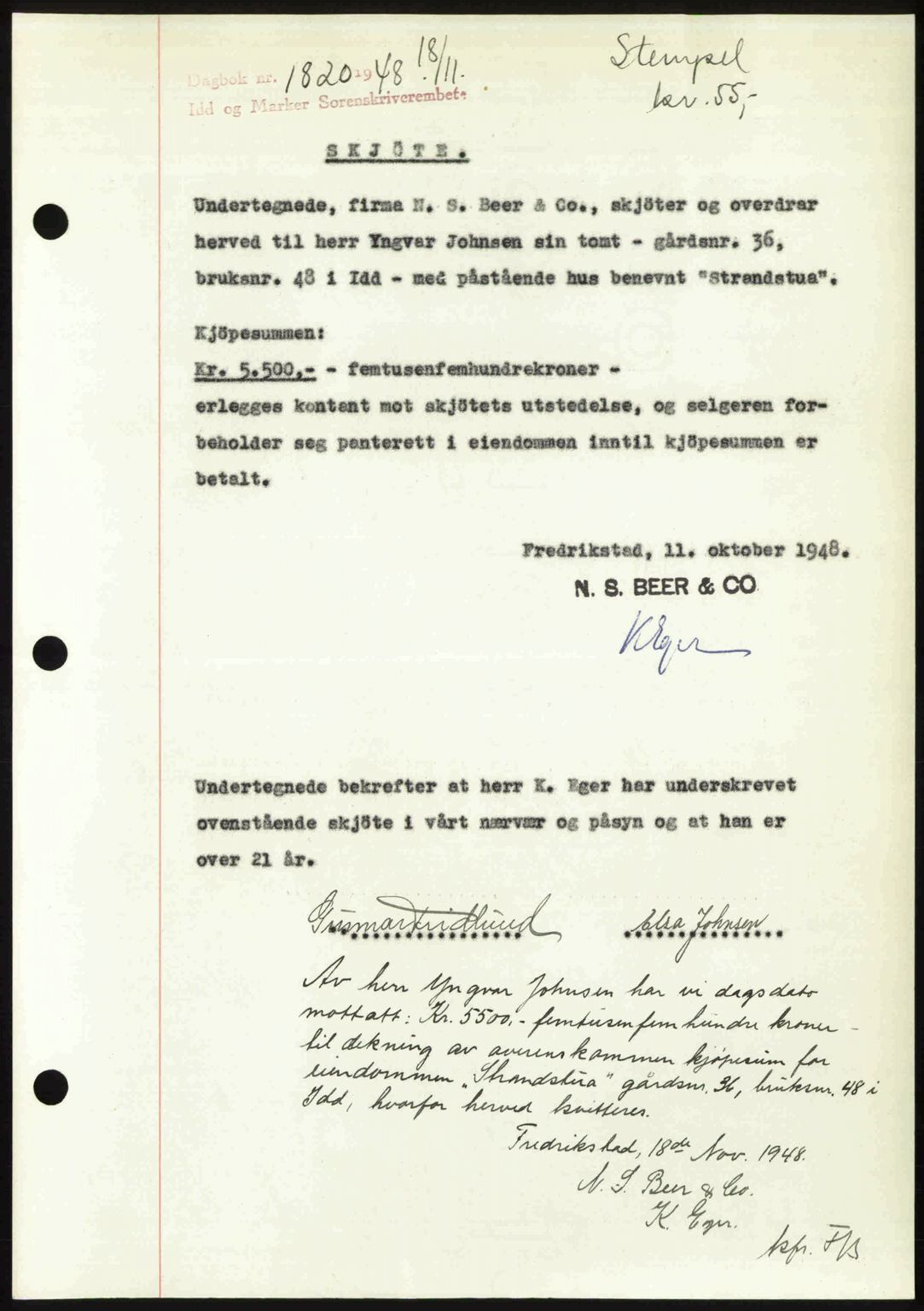 Idd og Marker sorenskriveri, SAO/A-10283/G/Gb/Gbb/L0011: Pantebok nr. A11, 1948-1949, Dagboknr: 1820/1948