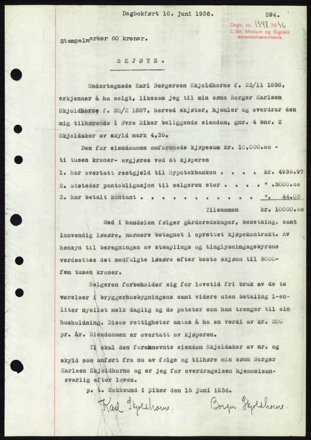 Eiker, Modum og Sigdal sorenskriveri, SAKO/A-123/G/Ga/Gab/L0032: Pantebok nr. A2, 1936-1936, Dagboknr: 1348/1936