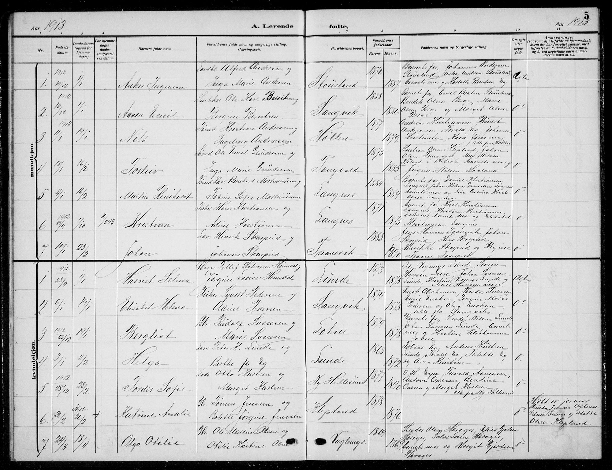 Søgne sokneprestkontor, AV/SAK-1111-0037/F/Fb/Fbb/L0007: Klokkerbok nr. B 7, 1912-1931, s. 5