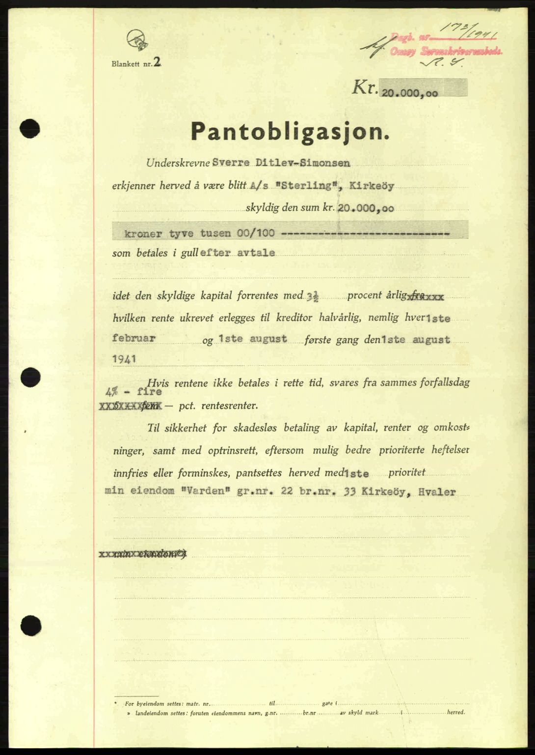 Onsøy sorenskriveri, SAO/A-10474/G/Ga/Gac/L0003: Pantebok nr. B3, 1940-1944, Dagboknr: 173/1941