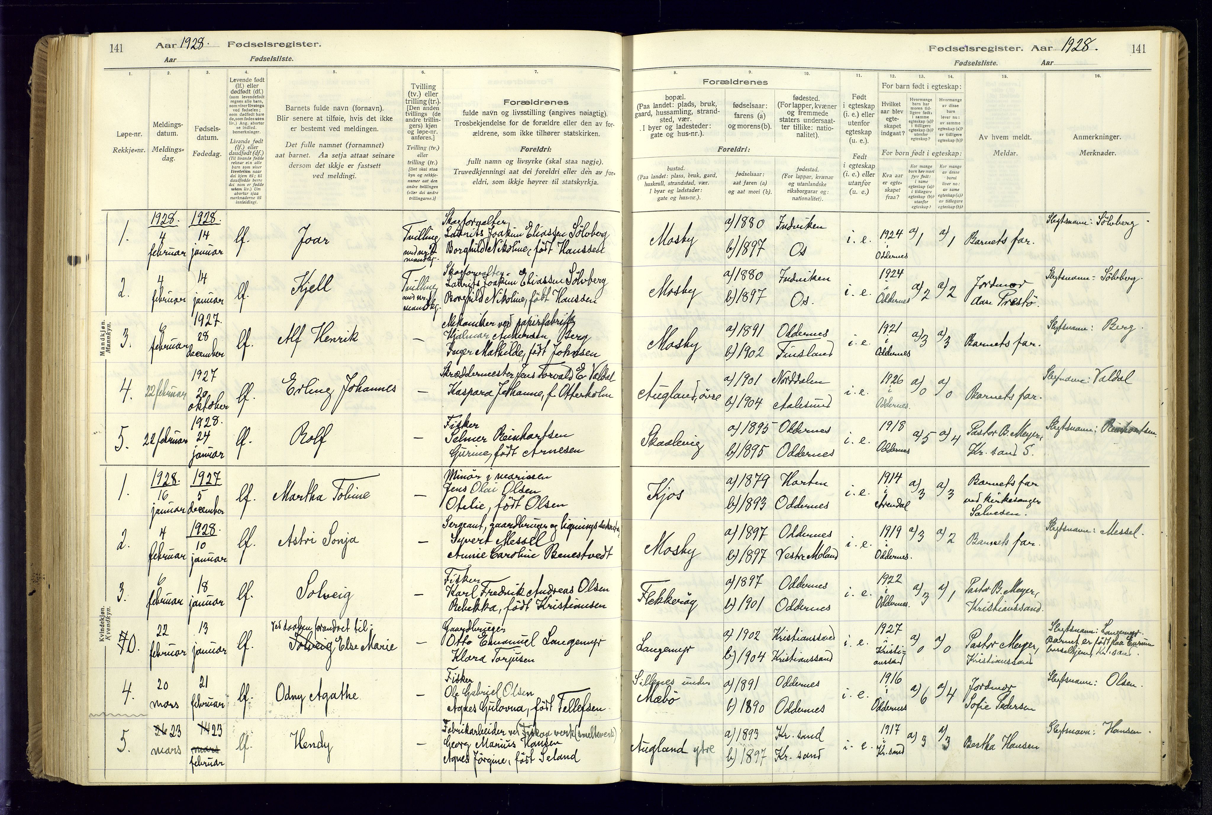 Oddernes sokneprestkontor, SAK/1111-0033/J/Ja/L0001: Fødselsregister nr. 1, 1916-1935, s. 141