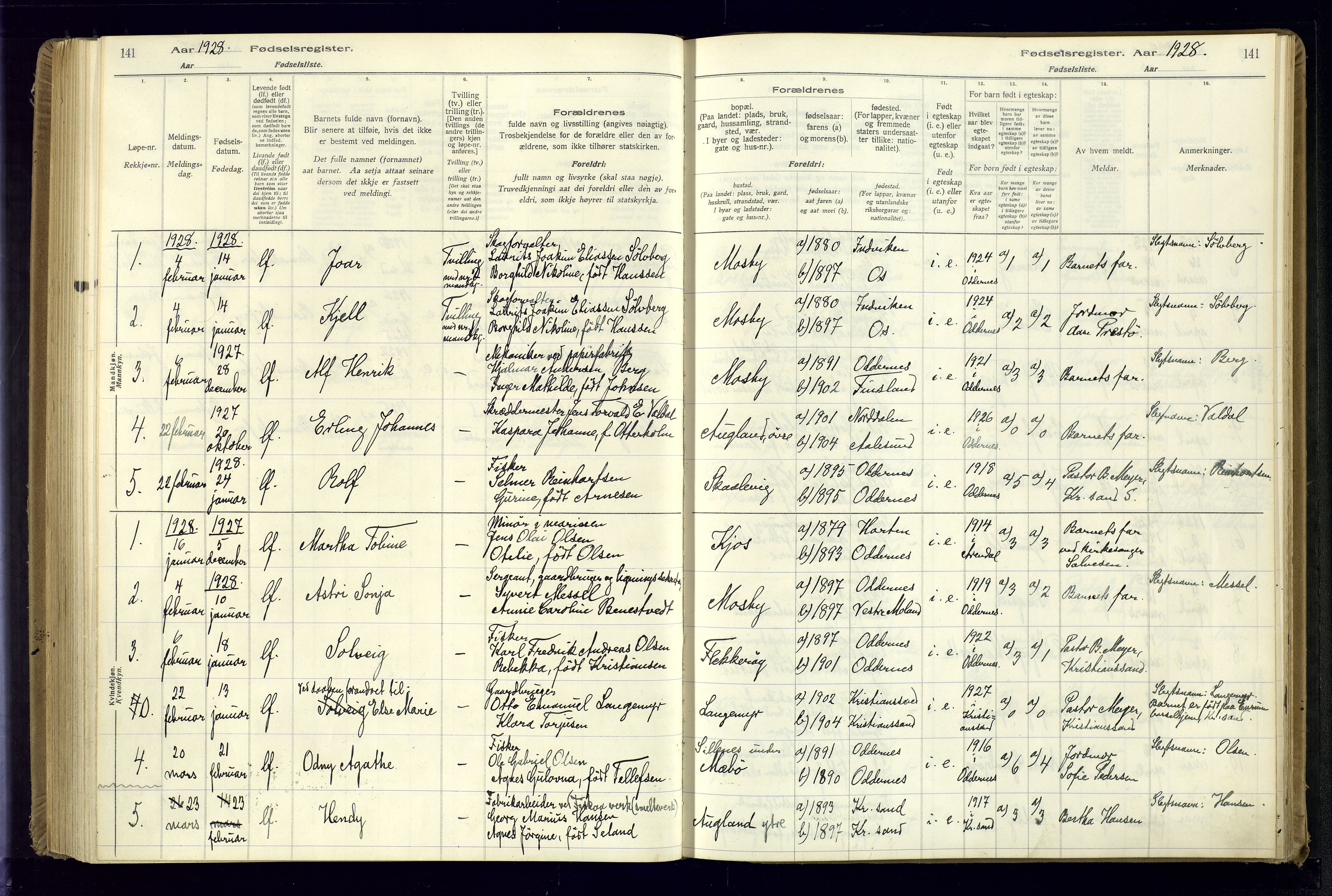 Oddernes sokneprestkontor, AV/SAK-1111-0033/J/Ja/L0001: Fødselsregister nr. 1, 1916-1935, s. 141