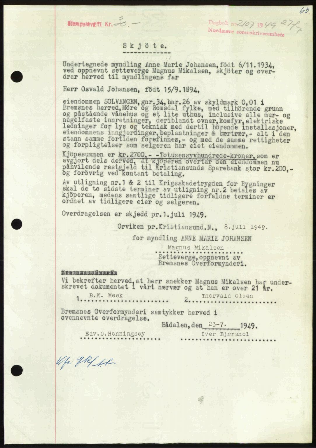 Nordmøre sorenskriveri, SAT/A-4132/1/2/2Ca: Pantebok nr. A112, 1949-1949, Dagboknr: 2107/1949